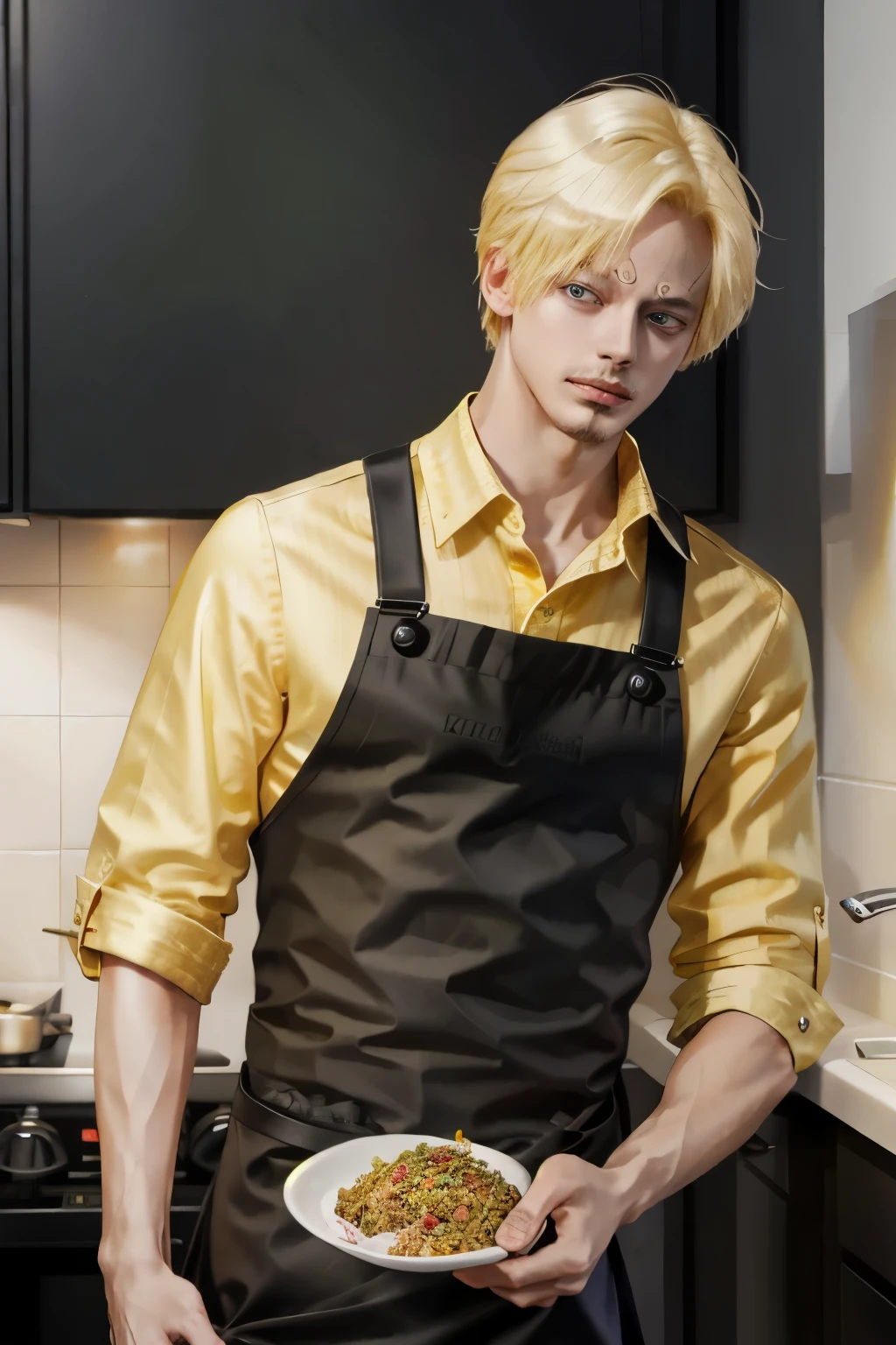 1 man, Sanji from the anime One Piece, short hair , yellow hair, black eye, good looking, black clothes, realistic clothes, details clothing, kitchen background, Super detailed, realistic、cooking、Making fried rice
