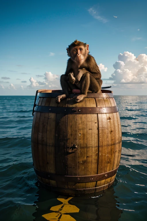 monkey on a barrel in the middle of the sea