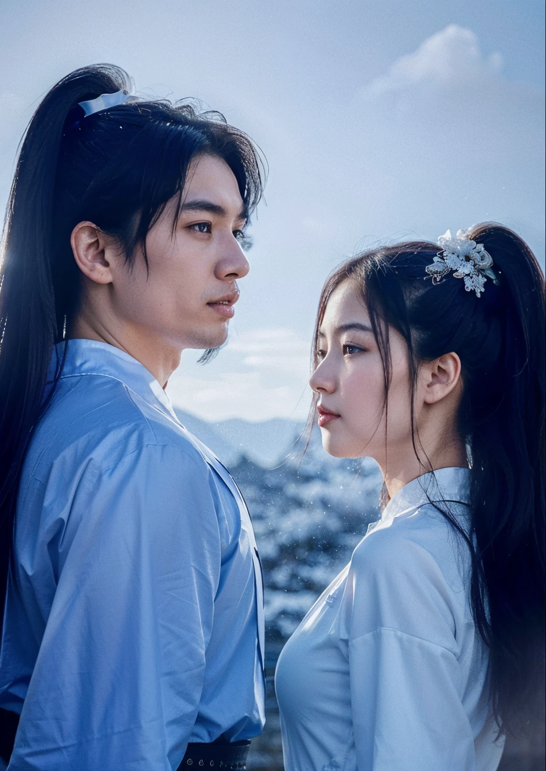 ultra high res,photo,4k,absurdres,(incredible absurdity),((masterpiece,best quality)),(wallpaper),(8k hd),The Return of the Condor Heroes, (1 man and 1 girl:1.5),fantasy background,poster film,master kungfu,Xiao Long ??,The girl was dressed in a white silk gown,Her skin is as pure and white as freshly fallen snow,Yang Guo having a striking and handsome appearance,wears traditional martial arts attire,including a black robe with intricate embroidery,Chinese old traditional culture,chinese martial arts