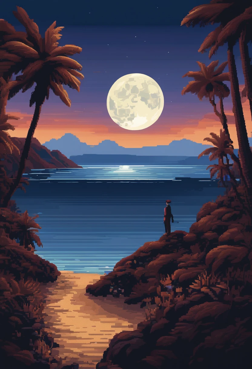 Pixel art d'a huge moon rising over the calm sea, beautiful Detailed Pixel Art, Detailed Pixel Art, Retro Lo-Fi video game, concept Pixel art, Detailed Pixel Artwork, Style Pixel-Art, ville de pixels, animations pixel art, pixel art ,huge silhouette of hero seen from behind , Art Lowpoly color super detailed, #Pixel art:3, # Pixel art, #Pixel art