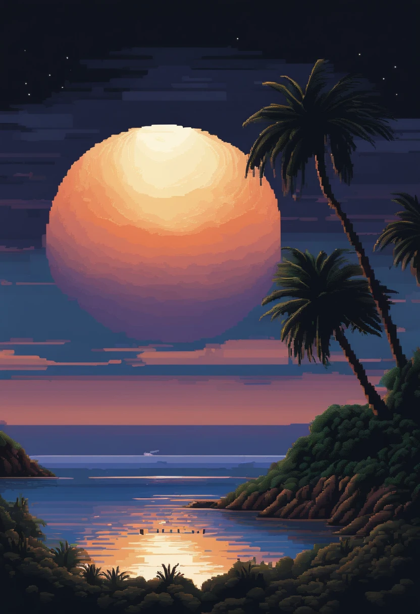 Pixel art d'a huge moon rising over the calm sea, beautiful Detailed Pixel Art, Detailed Pixel Art, Retro Lo-Fi video game, concept Pixel art, Detailed Pixel Artwork, Style Pixel-Art, ville de pixels, animations pixel art, pixel art ,huge silhouette of hero seen from behind , Art Lowpoly color super detailed, #Pixel art:3, # Pixel art, #Pixel art