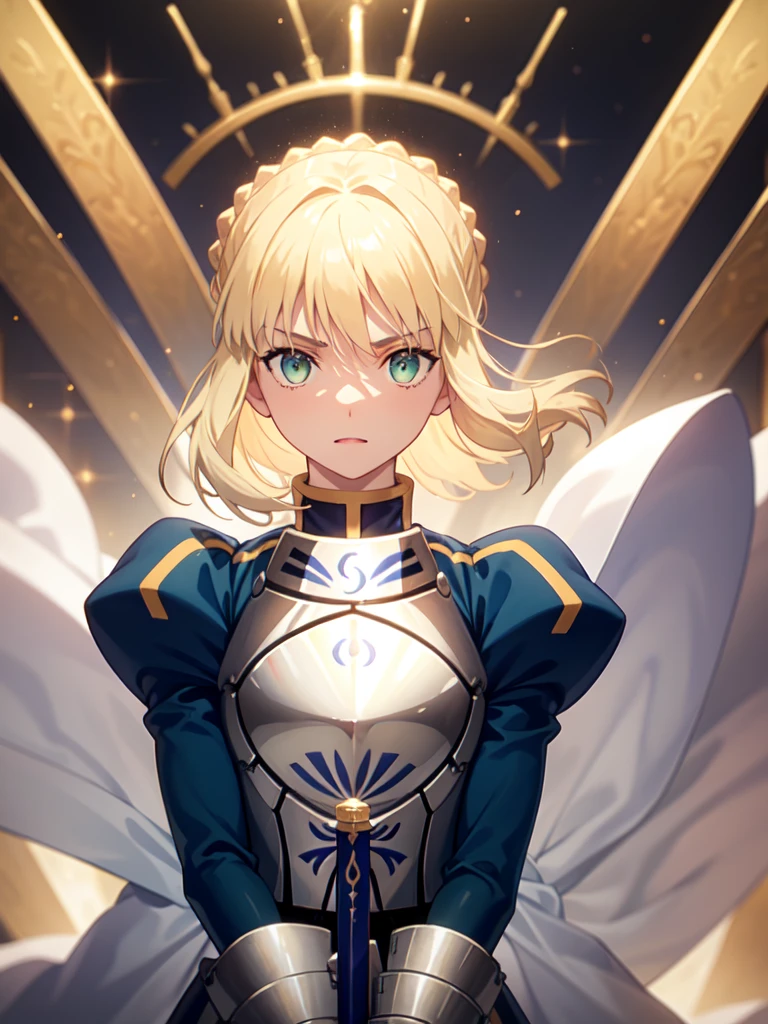 highest quality, masterpiece,{{{エクスカリバーのswordを手に持つ:1.6}}},{{{Artoria Pendragon:1.6}}}, 1 girl, alone, armor, arms, sword, shine sword, shine arms, french braid, armor, shine, gauntlet, holding, breastplate, bun hair, Upper body,luxurious cloak,