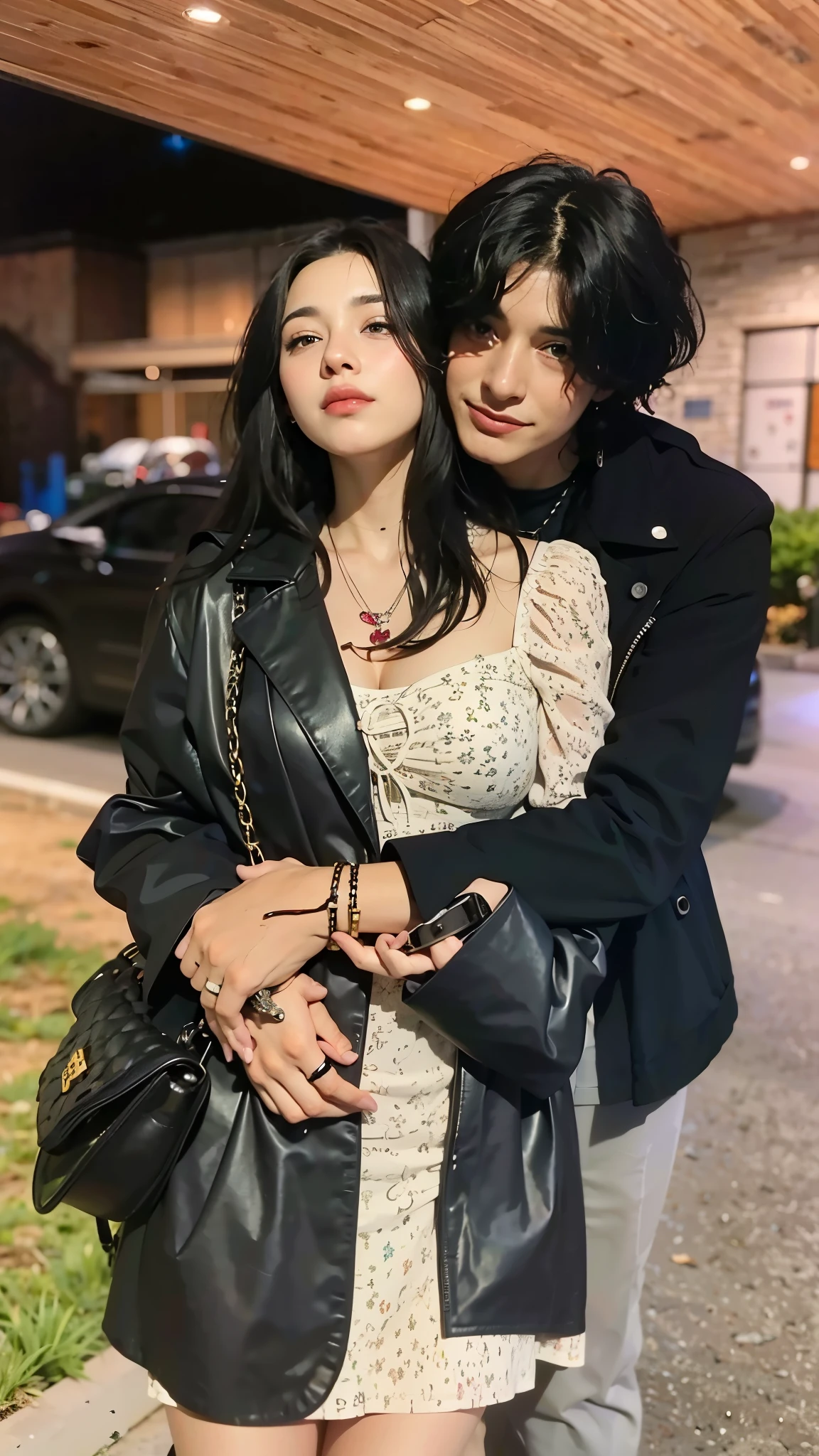 They are posing for a photo together on the street at night, Marco Ariano, charli bowater e artgeem, com seus longos cabelos negros, imagem de perfil, pose de casal, lv, imagem vazada, Finn Wolfhard, por Arthur Sarkissian, 👅 👅, imagem de qualidade muito baixa, lovely couple, imagem de perfil, com ela longa, por Bernie D’Andrea