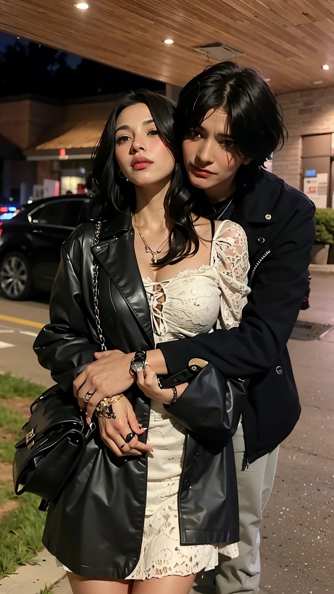 They are posing for a photo together on the street at night, Marco Ariano, charli bowater e artgeem, com seus longos cabelos negros, lv, imagem vazada, imagem de perfil, por Arthur Sarkissian, pose de casal, ☁🌪🌙👩🏾, por Bernie D’Andrea, com ela longa, 👅 👅, Finn Wolfhard, foto de perfil