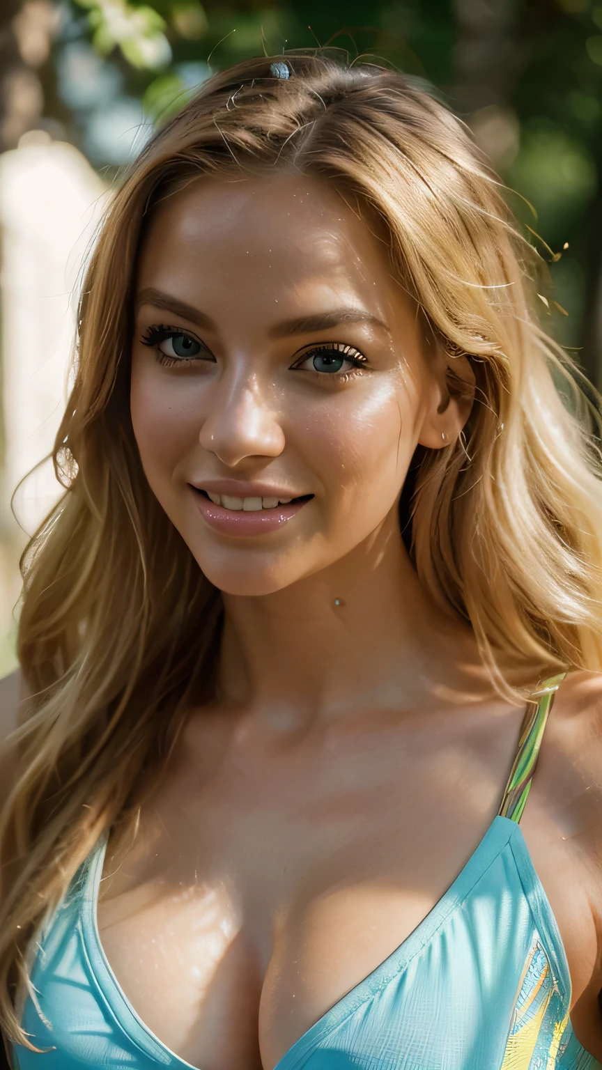 (best quality,ultra-detailed,photo-realistic:1.37),bright and vibrant colors,studio lighting,playful expression,stylish makeup,long blonde hair flowing in the wind,alluring eyes,glossy lips,sexy pose,Sports Bra, running in park, smiling in a confident and seductive way,posing for a professional photoshoot,shallow depth of field,highlighting the main subject,soft natural lighting,creating a dreamy and magical atmosphere.