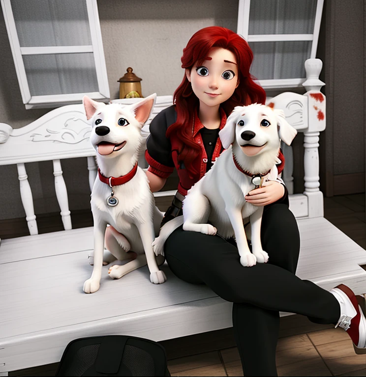 red-haired woman sitting with two white dogs with red colla
