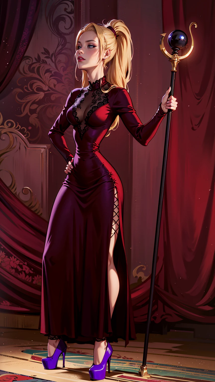 blonde hair, ponytail, dark red dress, long dress, dress with slit, neckline, dress with lace, dress with long sleeves, staff, sorceress, female wizard, witch, holding a staff, high heels, black high heels, villain , villainous, malicious look, purple high heels