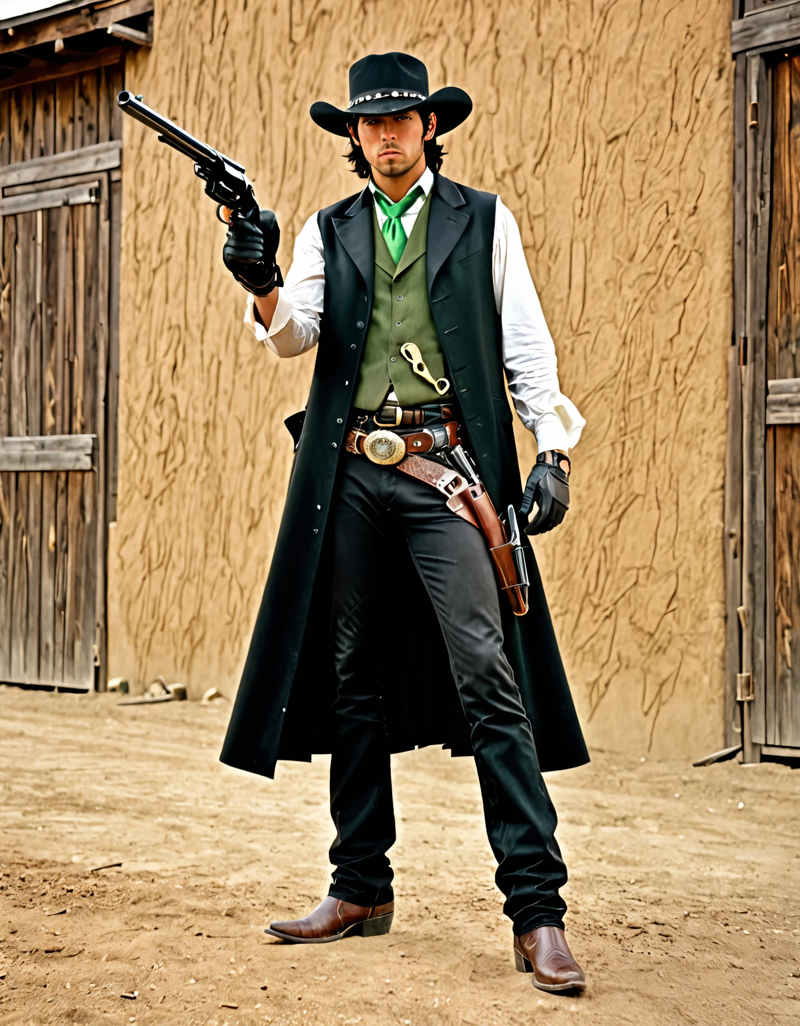 1 young black-haired man, long black vest, serious look, 1 man, green eyes, full body shot, cowboy bounty hunter on modern setting, cowboy shot, black hat, necktie, long black coat, fingerless gloves, black pants, belt buckle, shoes, serious look, (holding gun, holding weapon, revolver, finger on trigger), spaghetti western atmosphere