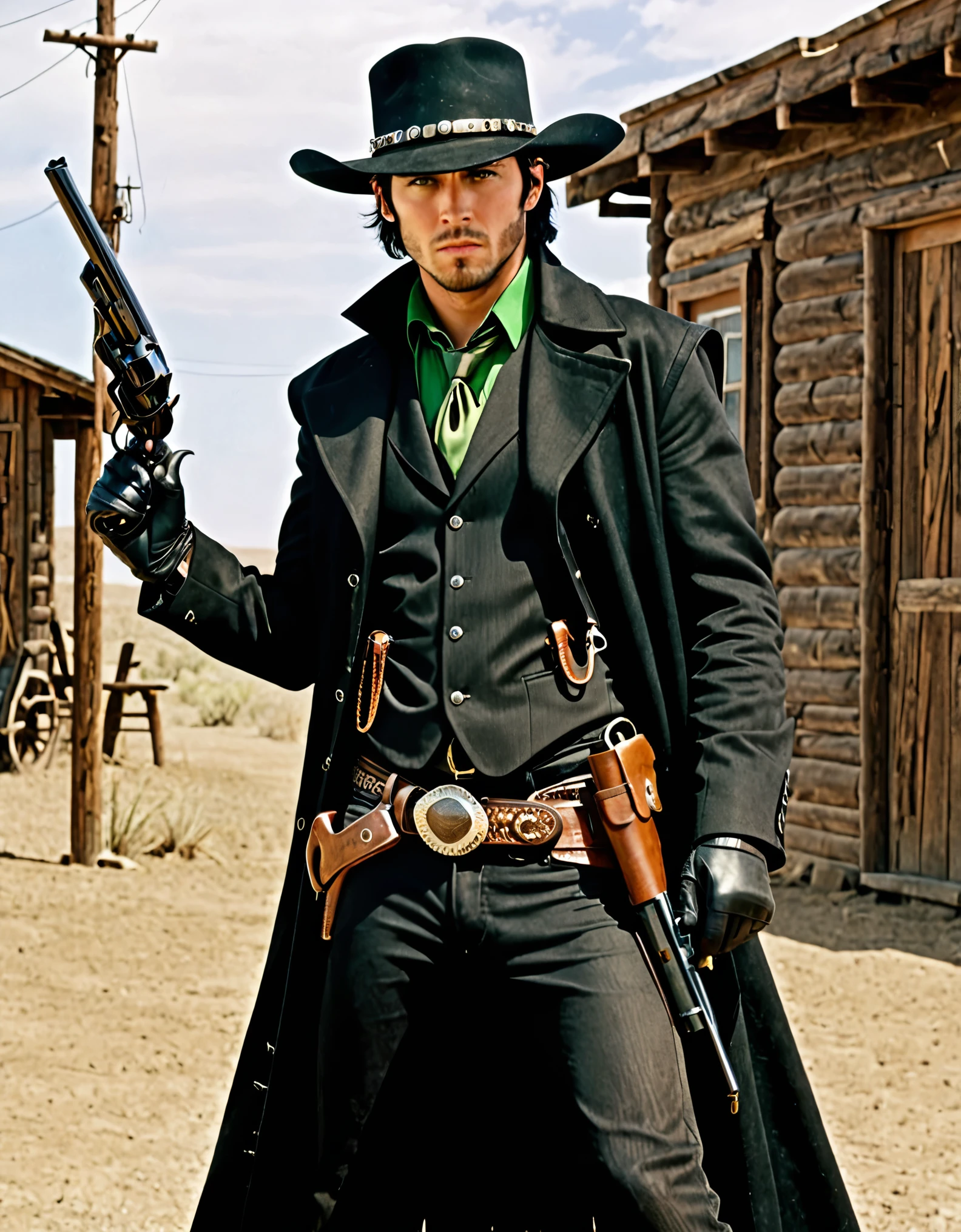 ****ung black-haired man, long black vest, serious look, 1 man, green eyes, full body shot, cowboy bounty hunter on modern setting, cowboy shot, black hat, necktie, long black coat, fingerless gloves, black pants, belt buckle, shoes, serious look, (holding gun, holding weapon, revolver, finger on trigger), spaghetti western atmosphere