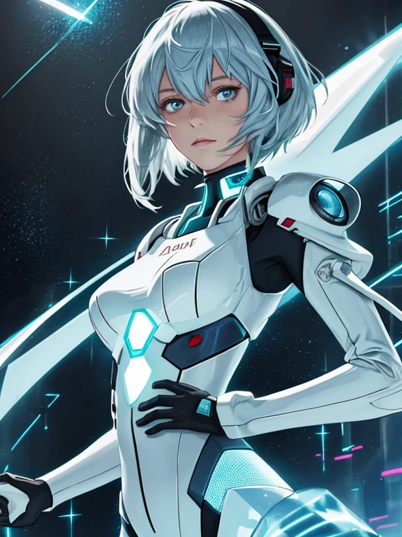(Best quality:1.2),1girl,Allein,Stehen_Teilt,Ayanami Rei,white bodysuit,rote Augen,Pilotenanzug,kurzes Haar,Blaue Haare,bangs,Schnittstellen-Headset,Rollkragen,Haare zwischen den Augen,pixeliger Hintergrund,Neonlichter,Science-Fiction-Farbschema,Lebendige Farben,metallische Textur,detaillierte Schattierung,holografische Schnittstelle,Dark atmosphere,Hoher Kontrast,Scharfer Fokus,Hair Strands,reflective surface,exquisite Details,High Resolution,Studiobeleuchtung,rote Akzente,beleuchtete Umgebung,Artificial intelligence assistant