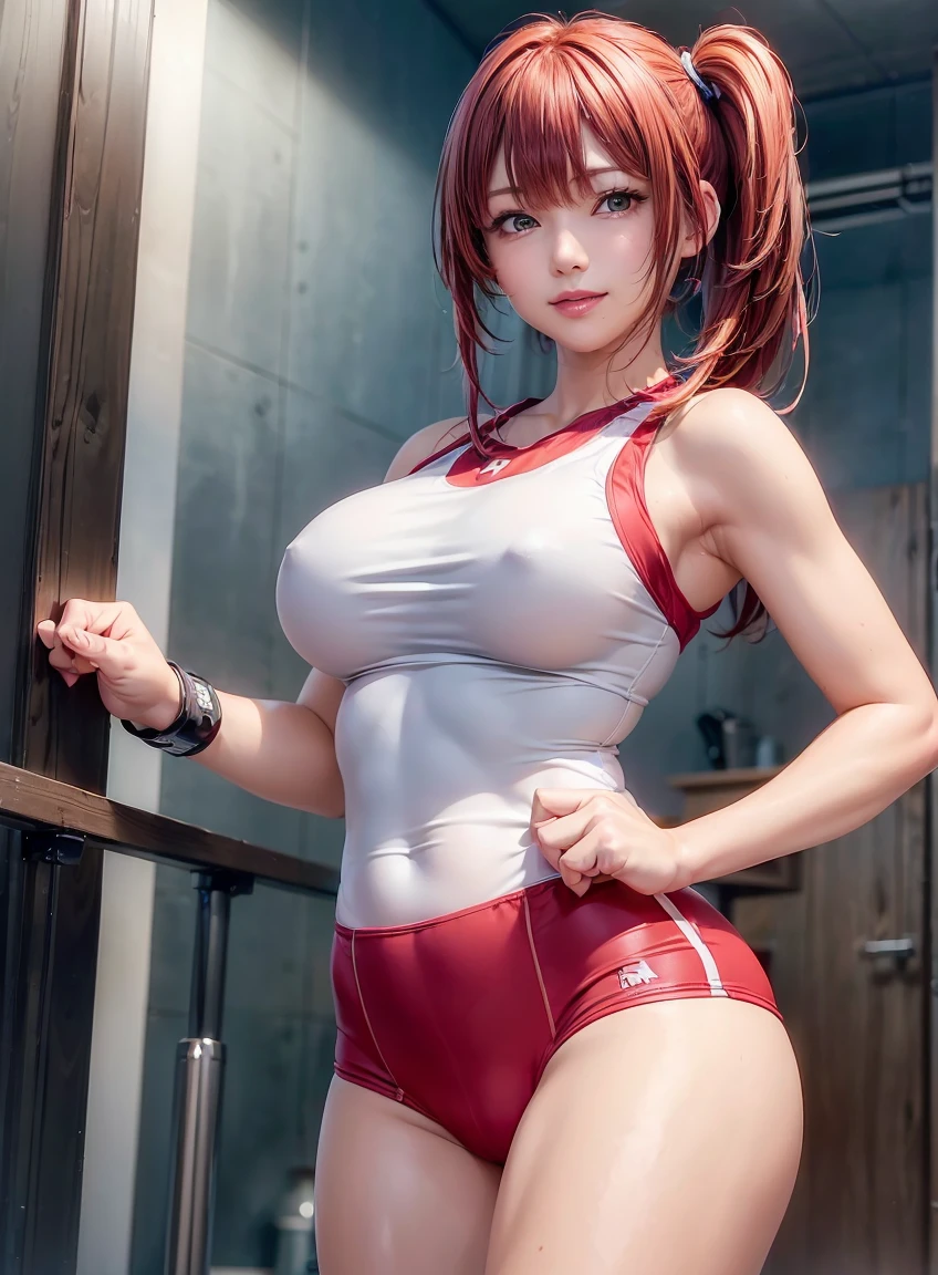 (highest quality, High resolution, Super detailed, High resolution CG Unity 8K 壁紙, realistic:1.5), photorealistic, Raw photo, detailed beautiful face, fine fabric texture, detailed hair texture, fine texture, Accurate, anatomically correct, Detailed face and skin texture, one girl, cute、((redhead、side ponytail、brown eyes、slanted eyes: 1. 2)), shiny hair, thick bangs, (a teasing smile: 1. 2), volleyball player、sleeveless shirt、high leg bloomers、gym、