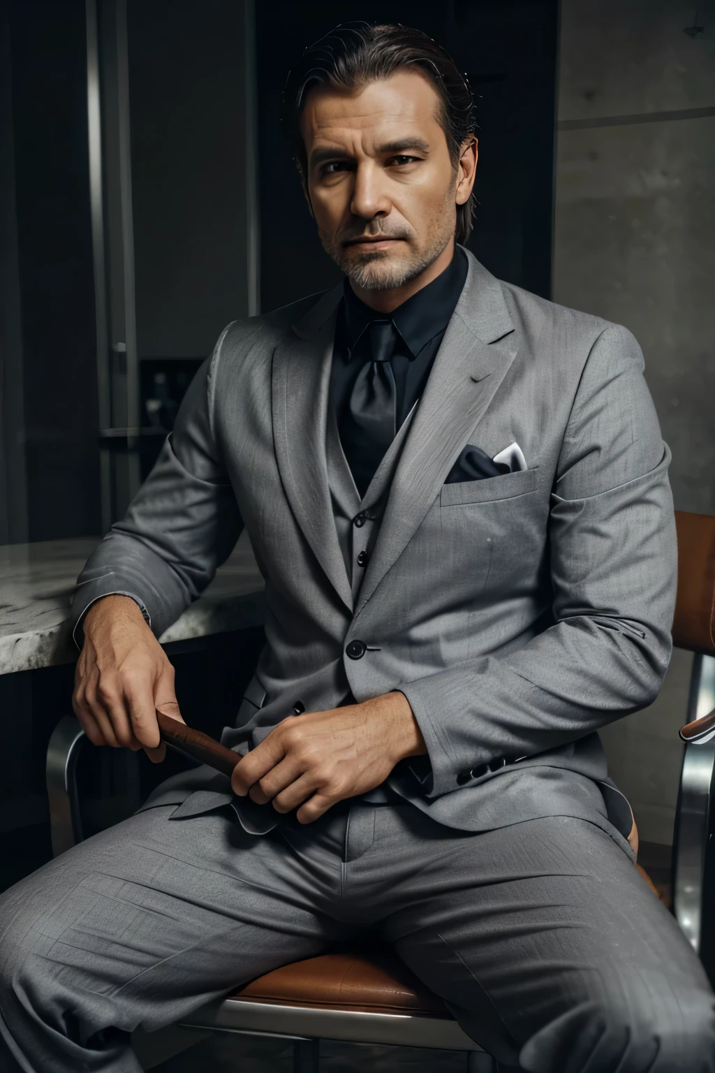 man with a cane, sitting on a chair in a grey wet wrinkled suit