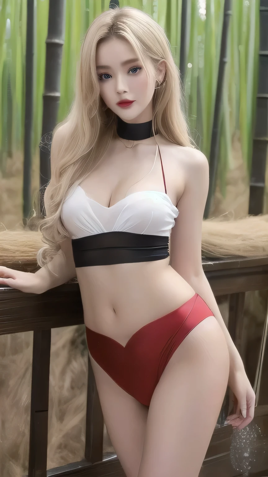 Female1people々,(full body figure:1.2), (nine-headed body:2.0), (thin thighs), (long and thin legs: 2.0),(knee stretch:2.0),(Height 2/3 is the foot:2.0), (pumps:1.2), Transparent white glossy skin, 25 years old, cute sexy little face, red lips, parted lips, ( Hair parted to one side:1.5), blue eyes, sexy face, sexy young woman, long blonde shiny hair,Eyebrows are the same color as hair, choker,(silver silk tops :1.3)(silver silk tight skirt :1.3), natural wavy hair, almond eye, Beautiful smile, My cheeks turned red, Medium chest, slender body shape, tight waist, small ass, (people々)The visible part of the thigh between the skirt, beautiful hands, thin shoulders, look at the audience, Skirt blowing in the wind, Standing position, tropical island々, bamboo forest morning