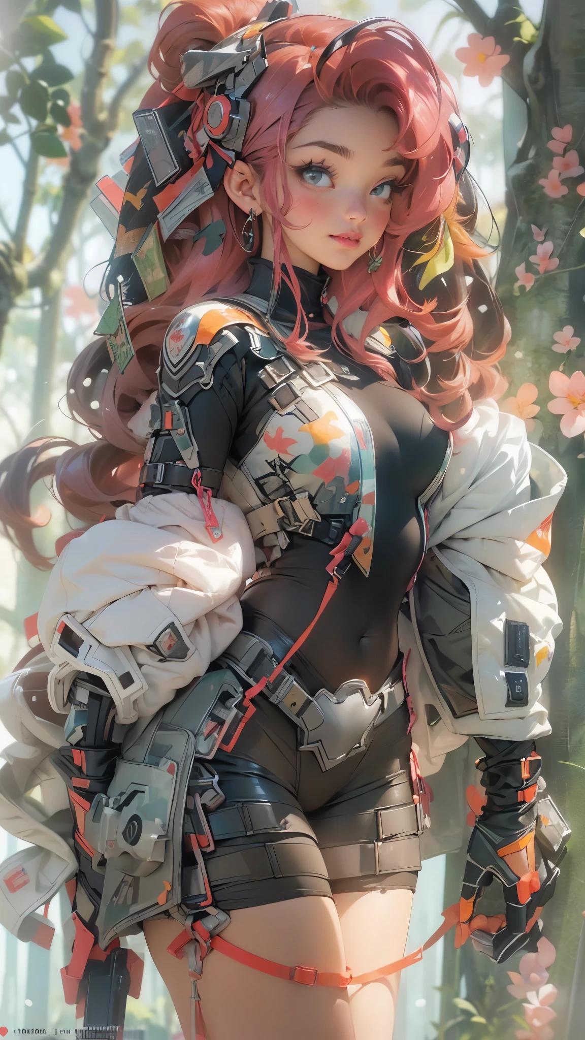 ((Create one girl 16+ years old.), (full height), (masterpiece, Best quality), (1 elf), (1 girl), (sexy), (One, bangs, dyed red hair) (White armor cyber skulls), (long black tights with gloves), (stands upright), (mysteriously))_((green:1.5, orange:1.1, white: 1.3, yellow:1.3))_ ((very sexy girl with dreadlocks, tattoos, bare parts of the body), (down jacket: 1.2, on the naked body, T-shirt, thong))_((Beautiful figure, half a turn 16+ years old) ,(realistic)), ( (small peach breasts, graceful figure, narrow waist, smooth hips), (long double braids), (tight braids), (braided hair), (dark hair), (red lips), (smile))_ ((Shiny skin :1.5, white skin, light skin: 1.5)), ((sexy), (cute))_((Fractals, lights, leaves, fog, cherry blossoms, circles background))_((Chiaroscuro, contrast , warm-cold), (atmospheric visualization), (best quality), (Virtual realism))_((Digital painting, anime style, cyberpunk), (best quality, 4k, high resolution, masterpiece: 1.2))((ultra detail ), (realistic, photorealistic, photorealistic: 1.37))_((Soft clear shapes, broad strokes, attention to detail))_((High quality, 16K | Ultra HD | Full HD)).