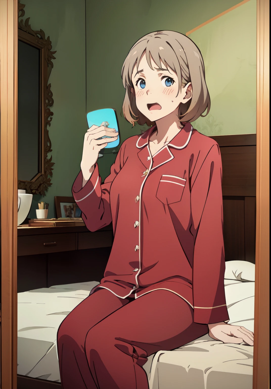 holding a mirror in his hand