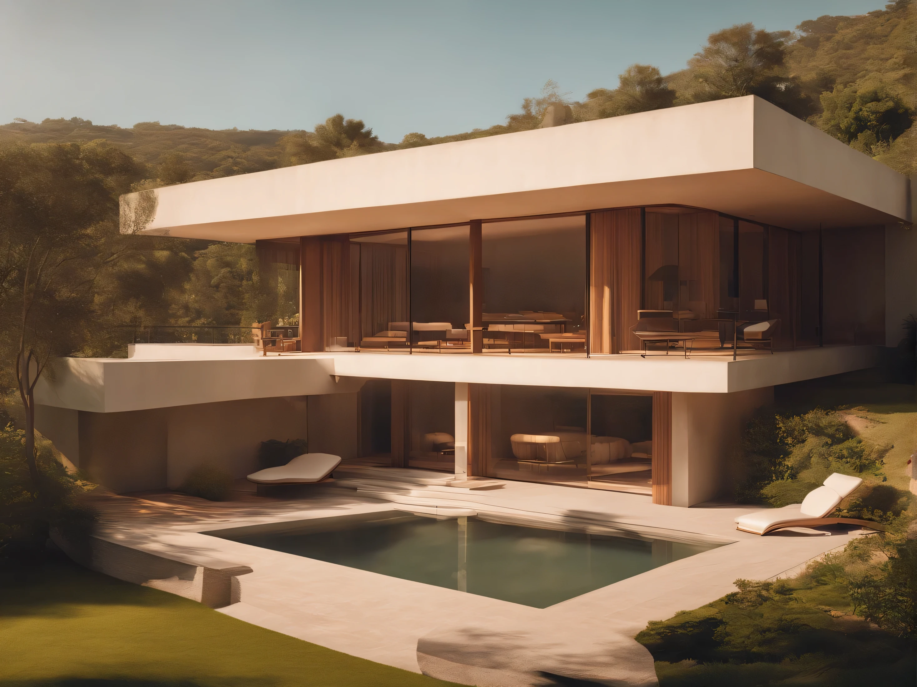 (((An incredible house))), (influence of minimalism and brutalism style), ((Frank Lloyd Wright Queda d&#39;water)),(((with large terraces))), (belos jardins), ((lago natural)), cachoeira ((topo de uma pequena colina)), (na beira de um rio), Sunset, grande, nuvens profundas e bonitas, illustration format, paleta de cores frias e quentes, alto contraste, sombras duras (obra de arte, Mais alta qualidade), (exquisite lighting and shadow, highly dramatic image, cinematic lens effect), (((Visual style by Simon Stålenhag))) casa de 1 andar, grande panorama windows, Casa de 200 metros quadrados, etage, vanguarda, futuro, Telhado plano, arquitetura inspirada em Zaha Hadid, trees in the garden