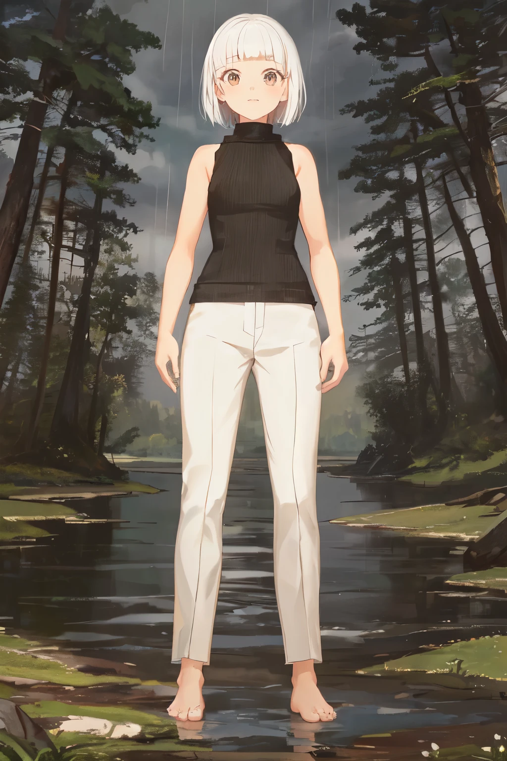 1girl, short hair, white hair, blunt bangs, shirt, [black shirt::7], turtleneck, sleeveless turtleneck, bare shoulders, long pants, [white pants::5], bare feet, standing, grass, lake, nature, rainy weather, masterpiece, best quality, very aesthetic, absurdres
