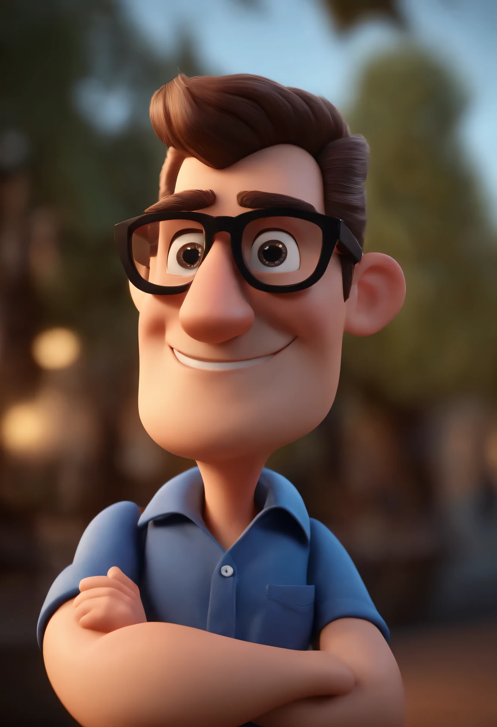 Cartoon character of a man in black glasses and blue shirt, animation character, Caractere estilizado, animation style rendering, 3D estilizado, Arnold Maya rendering, Stylized 3D rendering, toon render screenshot, Personagem 3D, Personagem 3D, Stylized 3D rendering, 3D character rendering, personagem de desenho animado, Personagem de close up, Pose de personagem, (Estilo Pixar) (parte mestre:1.2) (Bokeh) (Melhor qualidade) (pele detalhada) (textura detalhada) (8k) (argila) (cinematic lighting) (sharp focus