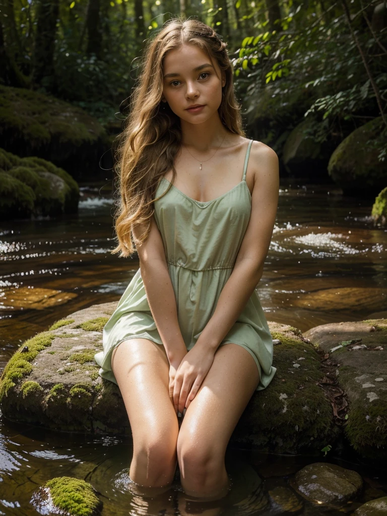 ((masterpiece, best quality, highres,ultra-detailed: 1.2), HDR, vivid colors), pov, create an adult female, clear skin, wearing a green dress, big tit, messy layered bob of long and curly brown hair, green flower crown, sensual face and pose, looking on the right, she keeps her hands hidden between her legs. Ambient: sitting on a cut tree trunk in the forest, near a stream, many trees and falling leaves . Dynamic composition, motion, ultra - detailed, incredibly detailed, a lot of details, amazing fine details and brush strokes, smooth