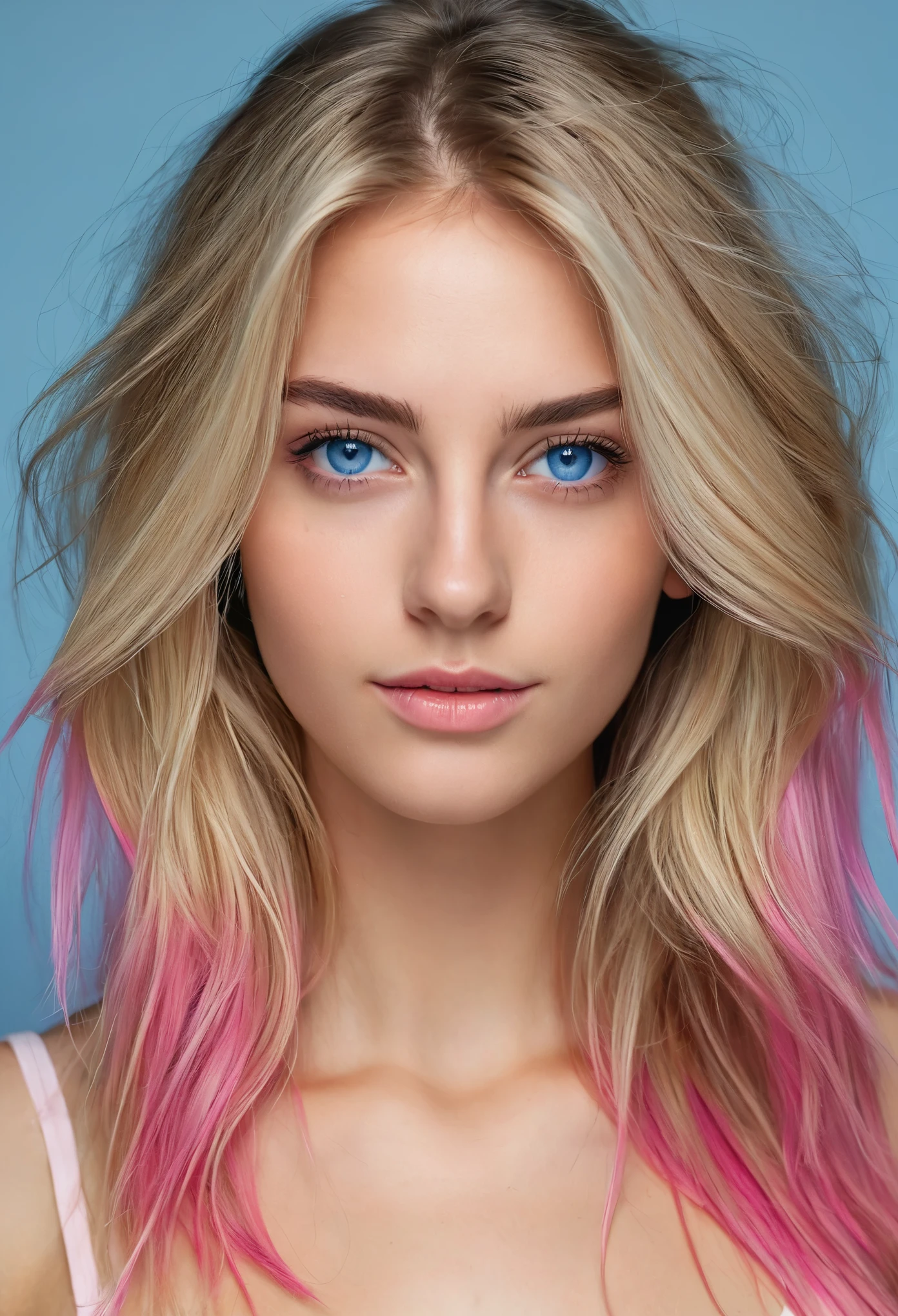 realistic portrait photo of 24 years old woman with Blonde hair with pink tips, Israeli woman, influencer, blue eyes, no makeup, long hair, straight hair, thick hair, sexy woman, model face, no makeup, perfect details, realistic, high definition, high resolution, in the style of realism, masterpiece, digital art techniques, gorgeous appearance, simple background, skin texture, messy hair, 4K, seductive look