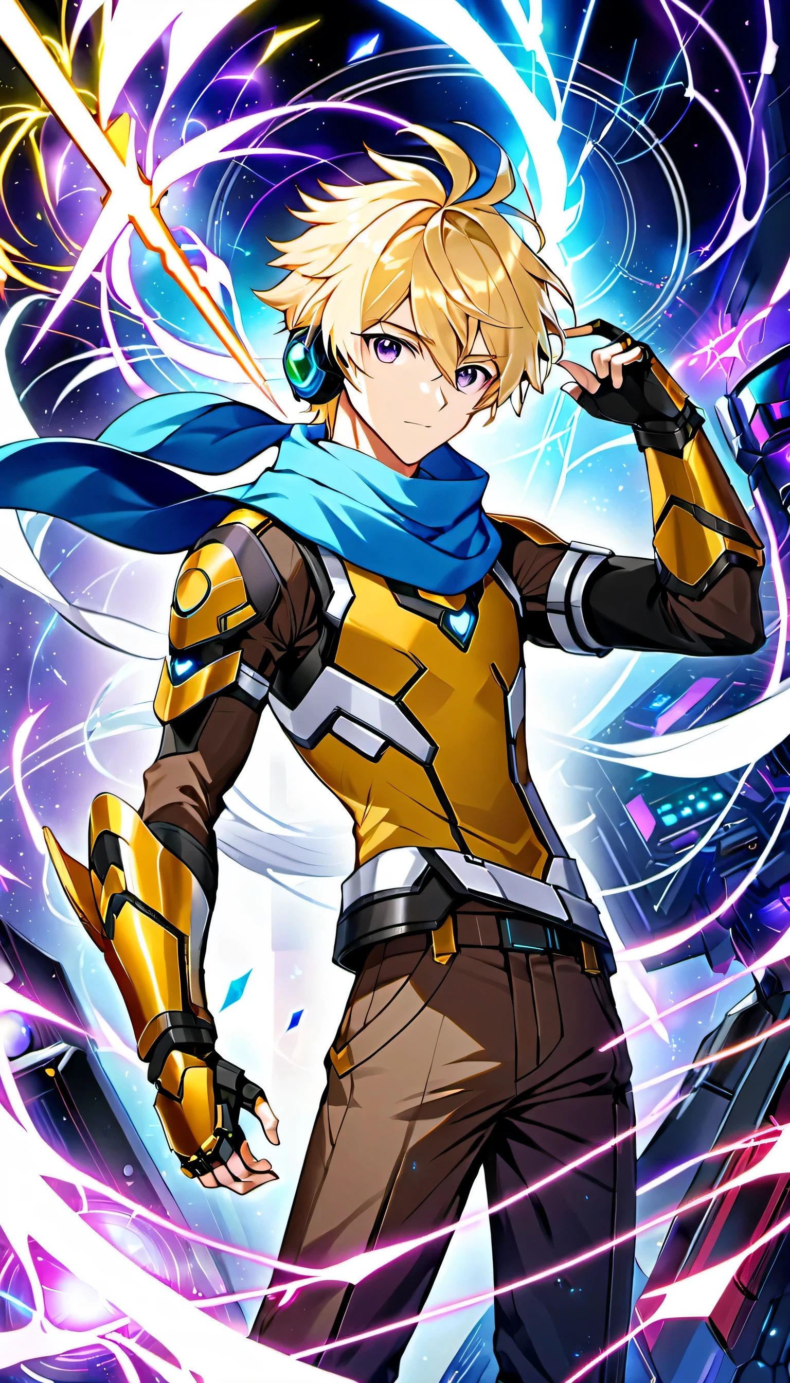 Young adult 15 year old anime male with fair skin, thin but toned body, blonde hair with a few black and white streaks, purple eyes, wearing a black vest, yellow shirt, dark brown pants, and a blue scarf, with high tech sci fi headphones, high tech sci fi gauntlets, and high tech sci fi greaves. He is also holding a high tech sci fi spear, and prismatic colored electricity is shooting out from his gauntlets.