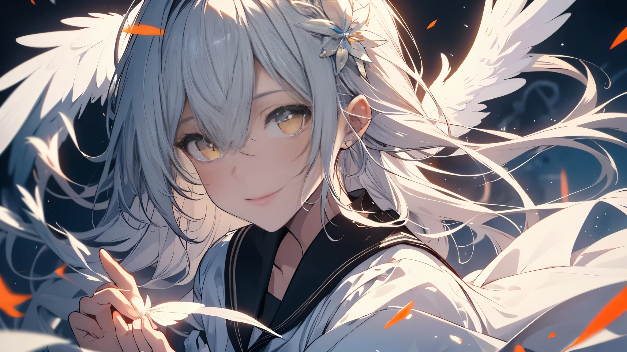 8K resolution, ((highest quality)), ((masterpiece)), ((super detailed)), (very delicate and beautiful), with a girl, solo, gentle expression, she is very(relax)with(Calm)Appearance,gray haired, Depth of the bounds written, bright smile, bright yellow eyes, bright white hair, beautiful background, Long Hair - Linear Art, black skirt, White uniform like a sailor suit, modest chest, Angel, Angel's White Wings, White feathers fluttering, Eyes that shine like amber, upper eye, wonderful eyes, whole body