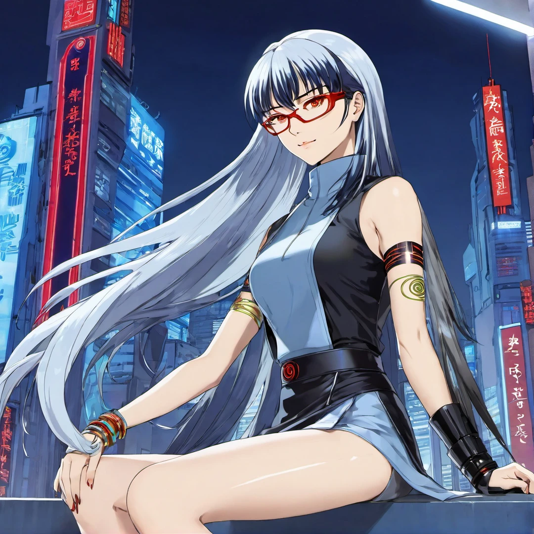A woman with elements of Esdeath, Nami, and Katsuragi Misato, with jet black hair fading to sapphire blue with silver hair tips in a haircut that combines a long mullet and V-cut, golden eyes with an innocent smile, clothing with elements of wuxia, nuns, Native Americans, Romans, an office setting, and inventing a skirt that combines layered skirts and a wrap skirt, clothing in white, red, cinnamon colors with holographic accessories and elements, sitting on a balcony appreciating a futuristic city with cyberpunk elements at night, holding a futuristic weapon or technological device, with a symbol or inscription on the clothing, a bracelet with ancient runes, cybernetic eyes, simple cyberpunk glasses, and small tattoos on her neck that match the theme of her clothing, adding glasses and a cybernetic arm implant.