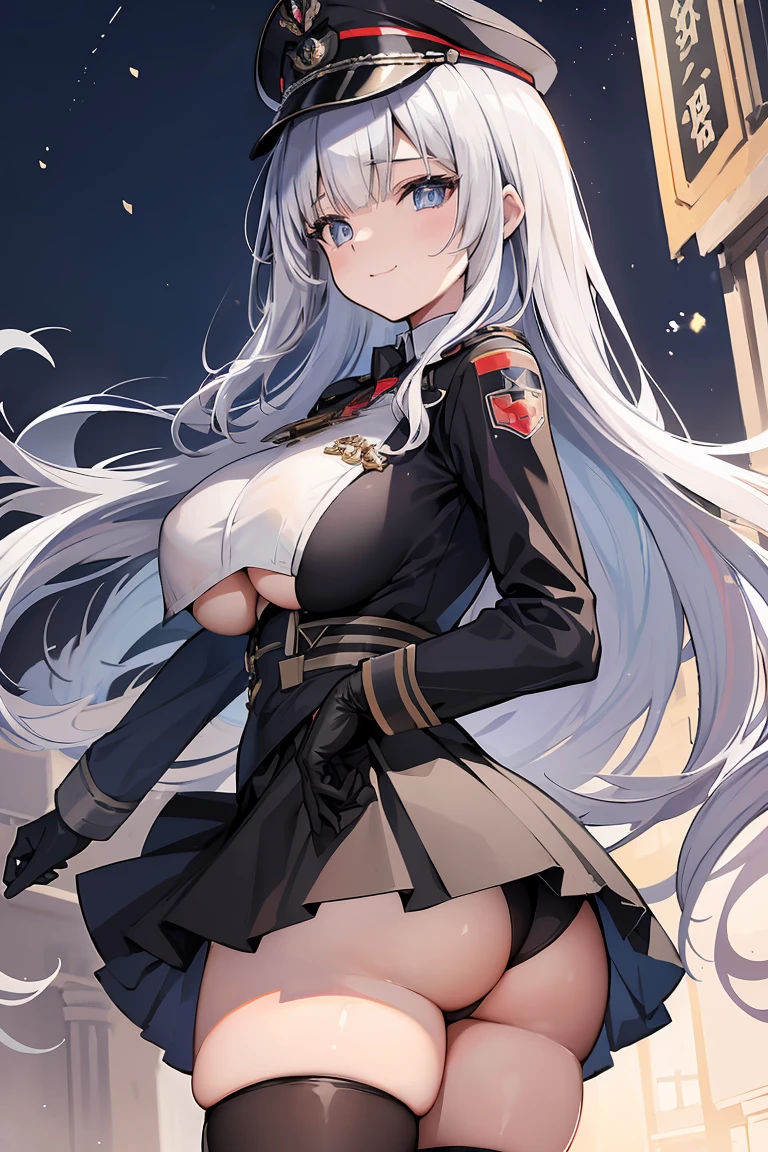 expressive eyes, (((1 girl))), ((anime)), (silver hair, long hair), (half closed eyes), ((very big breasts)), ((perky chest)), ((My heart feels like it's going to burst)), ((exposed thighs)),((German military uniform,military hat)),((I can see the side leeveless)), ((big breasts and butt)), ((dull bangs)), ((white, race)), ((standing in the temple)), enchanting smile, princess cut, shiny hair, (masterpiece), anatomically correct art, Super detailed, advanced details, high quality, 最high quality, High resolution, 4k, 8K, ((mini skirt)),(((enchanting smile)))