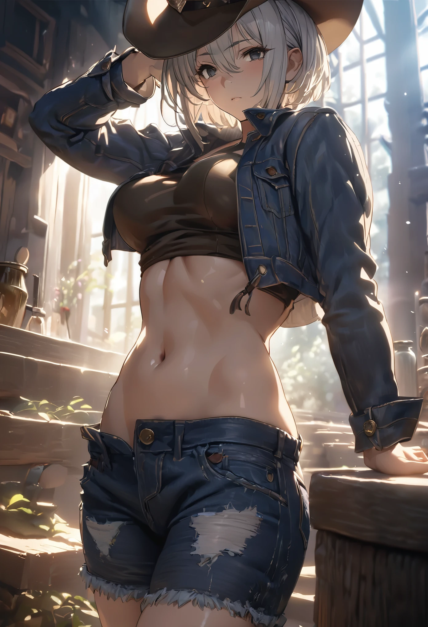 ((solo)), (woman), black eyes, silver hair, short hair, (sculpted body), medium-big breasts, thick, (20 year old), close up of a person on a village during the night detailed key anime art, acheron, casimir art, masamune shiro, masamune, beautiful woman in demon slayer art,, heise jinyao, shadowverse style, (no logos), jeans shorts, jeans jacket, cowboy hat, eye reflection, depth of field, cinematic lighting, ray tracing, depth of field, cinematic lighting, ray tracing, UHD, high details, best quality, highres, high quality, award winning, super detail, masterpiece, 8k, UHD, high details, best quality, highres, high quality, award winning, super detail, masterpiece, 8k
