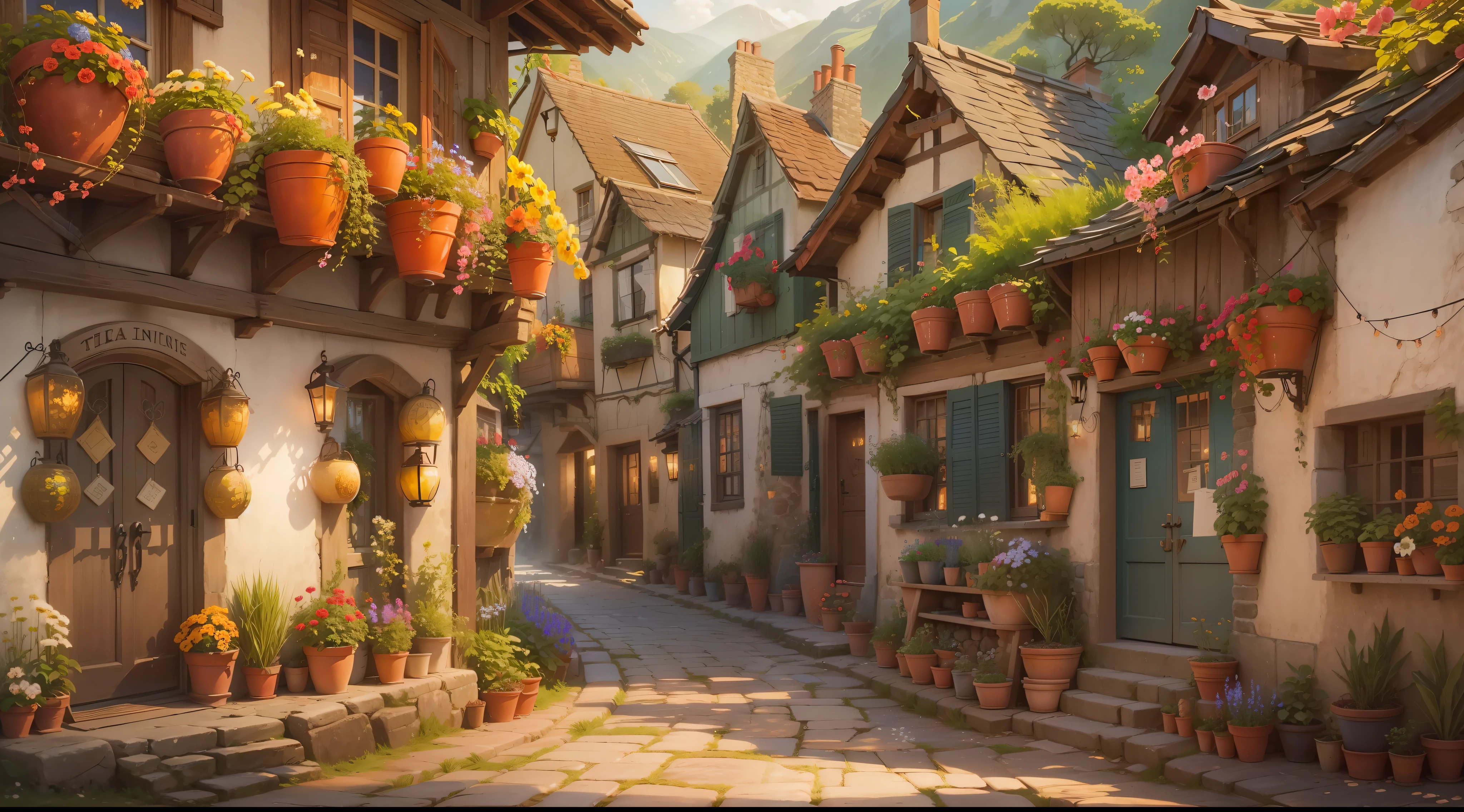 "A serene and picturesque village, where stories unfold. A peaceful and enchanting atmosphere, with vintage charm. Quaint cottages, cobblestone streets, and blooming flowers. (Include elements like: villagers, daily activities, traditional customs, festivals). Immersive colors and soft lighting bring warmth and nostalgia. Capture the essence of community and the joy of simple pleasures. Transport us to a world of tranquility and delightful tales."