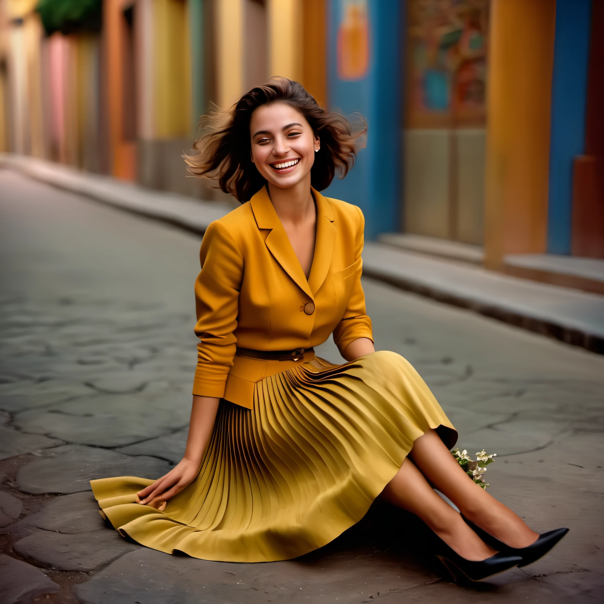 A smiling, authentic, (shy:1,3), kind, beautiful woman, is passionately in love with her skirt, sitting down on the ground while wind lifts her skirt, wearing short blazer and very, very detailed (long (fully pleated) full circle skirt) and (low heeled court shoes), very, very intricate hyper-detailed symmetric (attractive graceful young feminine face) with (sad, tired eyes and a loving smile), very voluptuous breasts, full of empathy and compassion and love, (pronounced (feminine) features), (highly detailed ultra accurate realistic) hands and fingers, (windy), epic composition, highly detailed attributes, (35mm f1.4 Kodak portra 400 photograph), extremely high quality RAW photograph, highly detailed atmosphere, sci-fi, cinematic shot, dynamic lighting, 75mm, Technicolor, Panavision, cinemascope, sharp focus, fine details, 8k, HDR, realism, realistic, key visual, film still, superb cinematic color grading, depth of field