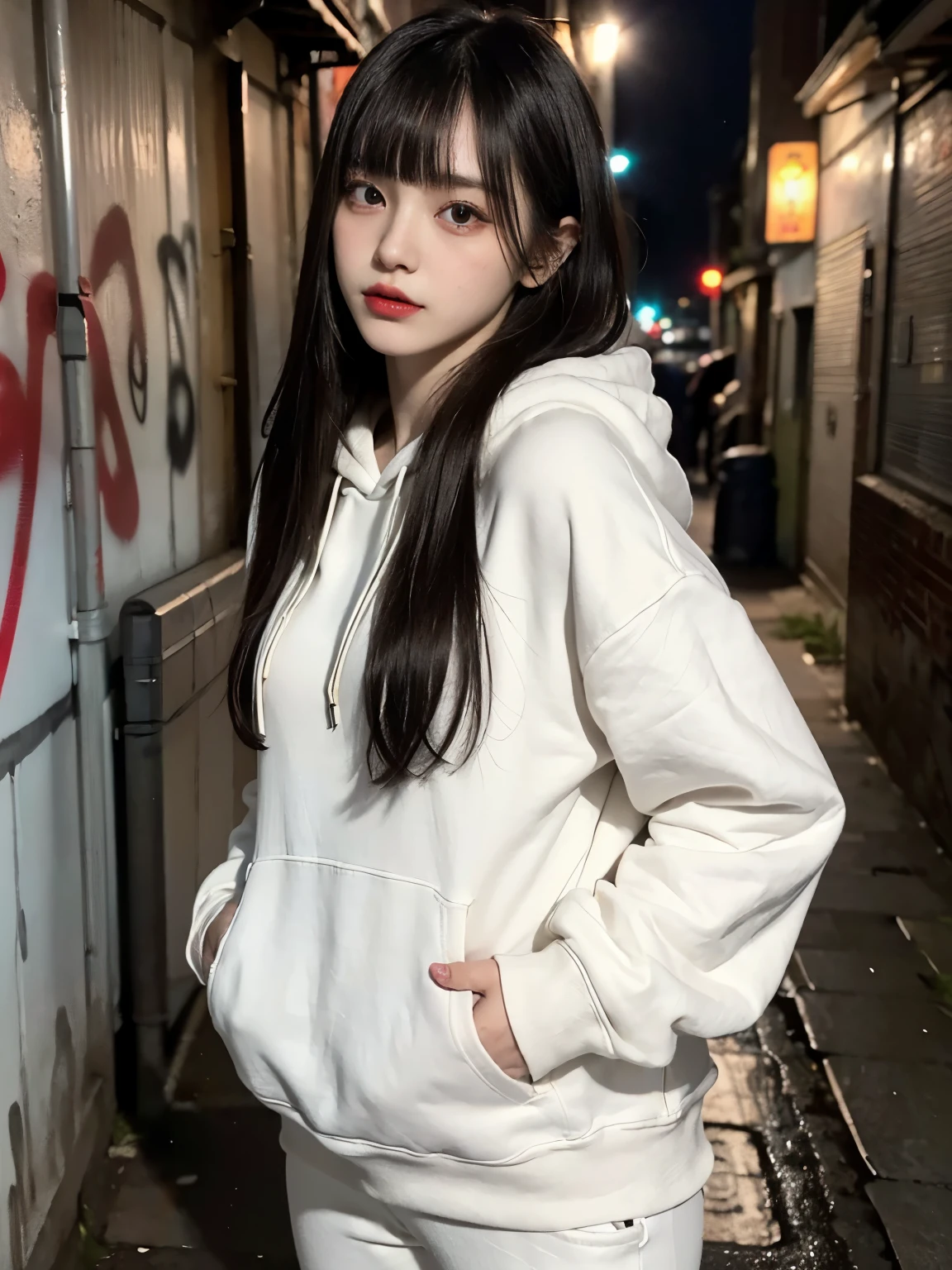 raw photo, 8k, (top-quality), Realistic, (real picture, Intricate details), (natural skin texture, detailed skin, hyper realism, sharpness), (Japanese teenage girl in a dirty back alley at night, lean forward, hands in pocket, graffitied wall:1.3), ((white hoodie, open front zipper, no bra, white jersey pants)), (flat chest, pale skin:1.2, slender body), ((long straight hair, blunt bangs)), (seductive face, provocative look, Parted lips:1.3, eye bag:1.2, red thick lips), graffiti:1.5, night time, spot lighting:1.3, upper body shot