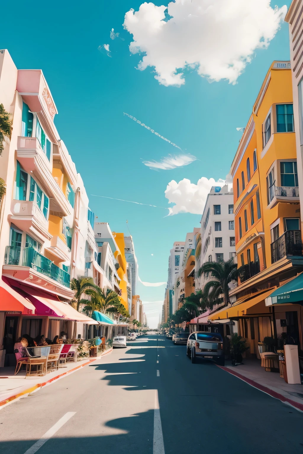 
"Imagine and illustrate a captivating Miami Art Deco street scene bursting with vivid colors and architectural splendor. Picture the iconic pastel-hued buildings adorned with intricate geometric designs and ornate details, set against a backdrop of clear blue skies or a colorful sunset. Infuse the scene with the vibrant energy of Miami's bustling streets, capturing the essence of its cultural richness and timeless elegance. Let your creativity shine as you bring to life the spirit of Art Deco in this vibrant and enchanting cityscape."