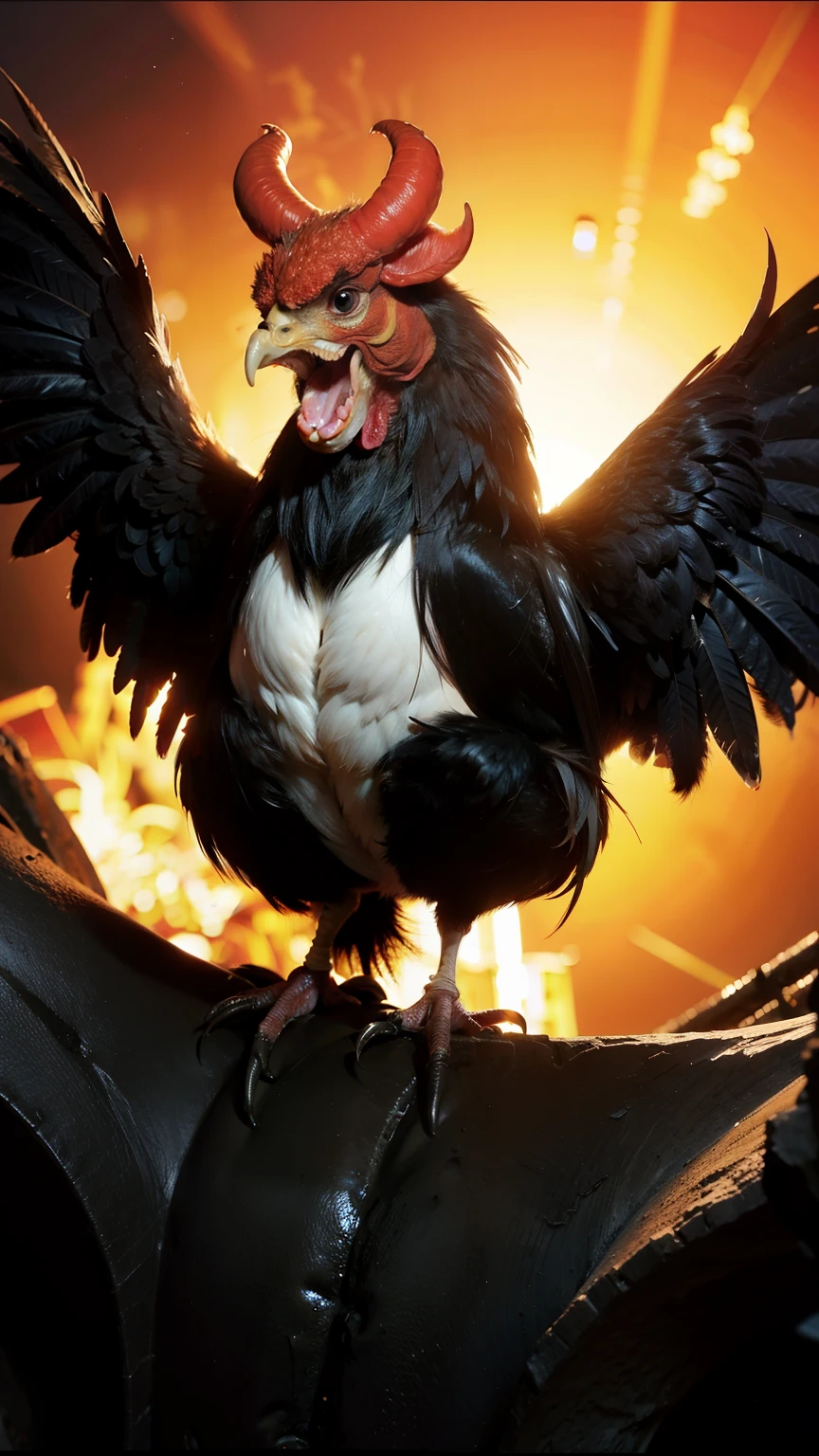 a scary, angry ((chicken)) in hell