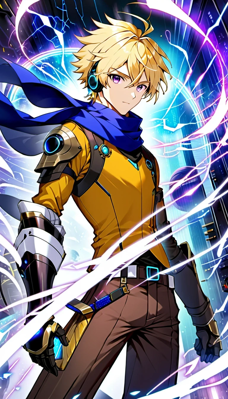 Young adult 15 year old anime male with fair skin, thin but toned body, blonde hair with a few black and white streaks, purple eyes, wearing a black steampunk vest, yellow shirt, dark brown pants, and a blue scarf, with high tech sci fi headphones, high tech sci fi gauntlets, and high tech sci fi greaves. He is also holding a high tech sci fi spear, and prismatic colored electricity is shooting out from his gauntlets.