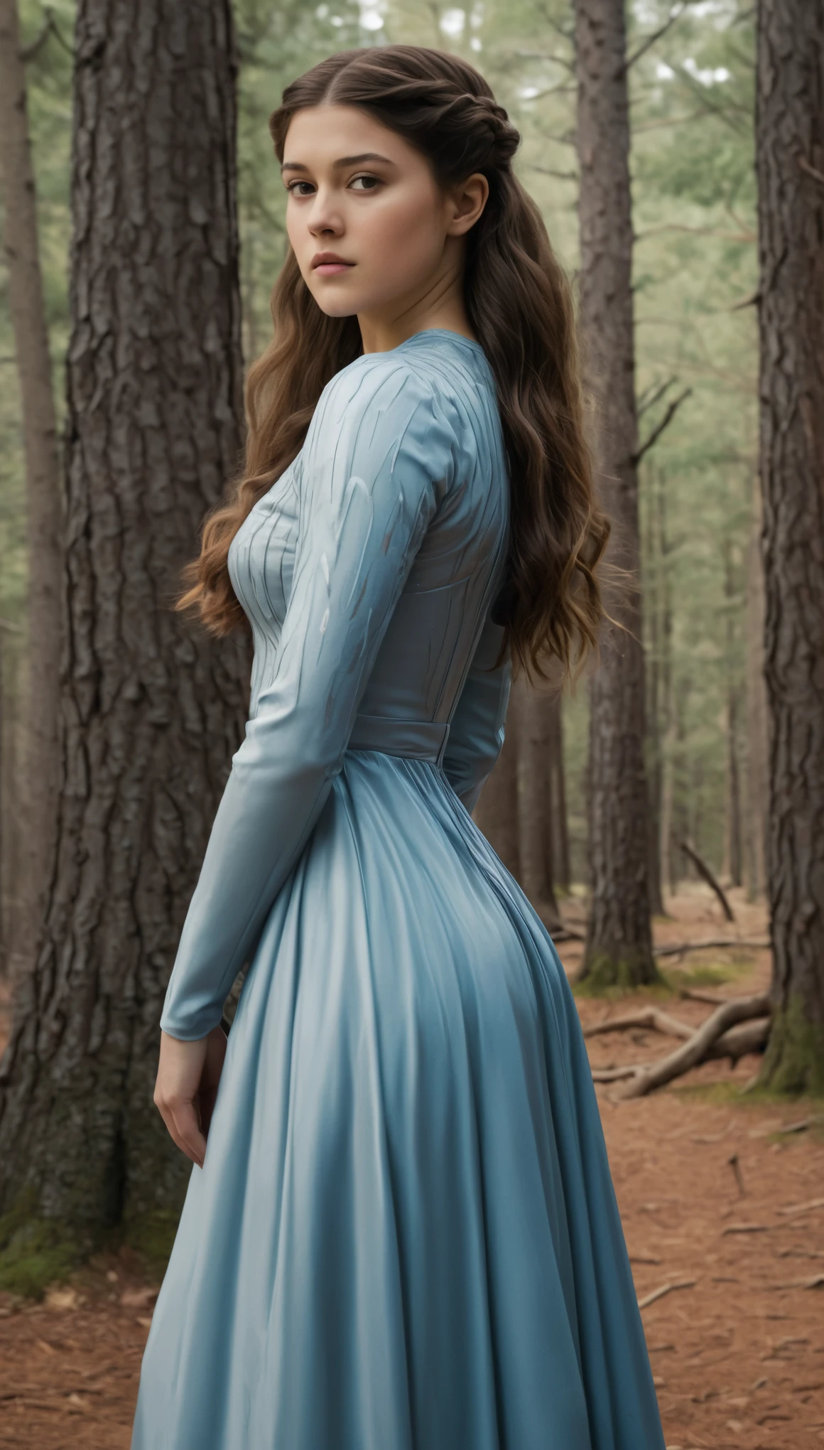 An illustrated movie poster, hand-drawn, full color, a Westerosi teen girl, wearing a long regal dress, resembles Mary Elizabeth Winstead, sun-tanned complexion, tall, athletic, Amazonian figure, curvy, toned midriff, bottom-heavy, generous hips, massive bubble-butt, ridiculously thick powerful thighs, dark hair, long hair, waist-length hair, posing in a pine forest, hard shadows, graphite shading, stencil marks, airbrushed acrylic paint, masterpiece, in the style of Game of Thrones 