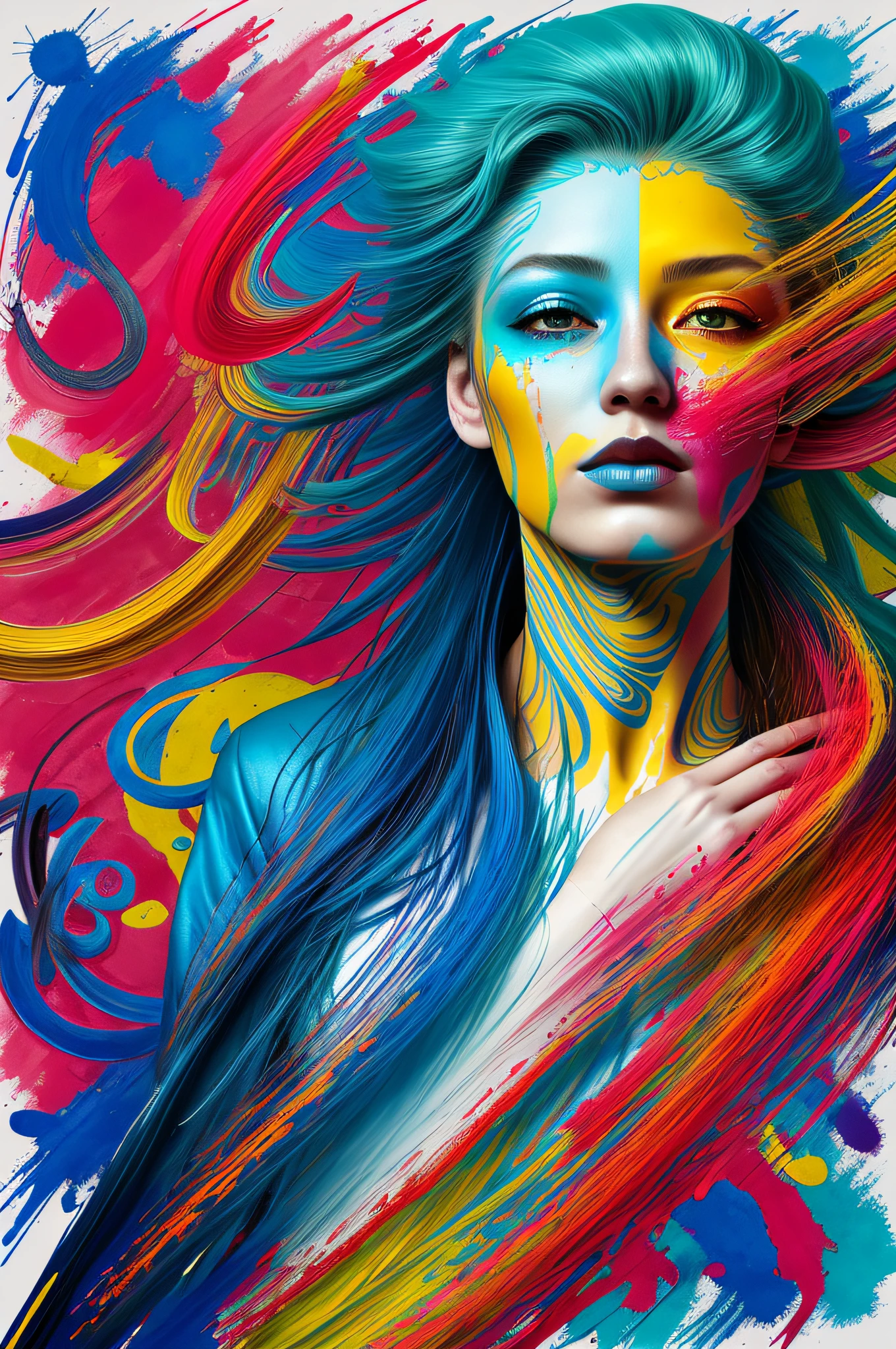 a woman with blue hair wearing a colorful outfit and a colorful background with paint splatters on it, by Hirohiko Araki,official art, unity 8k wallpaper, ultra detailed, beautiful and aesthetic, masterpiece, best quality, (zentangle, mandala, tangle, entangle), 1girl, extremely detailed, dynamic angle, cowboyshot, the most beautiful form of chaos, elegant, a brutalist designed, vivid colours, romanticism, by james jean, roby dwi antono, ross tran, francis bacon, michal mraz, adrian ghenie, petra cortright, gerhard richter, takato yamamoto, ashley wood, atmospheric, ecstasy of musical notes, streaming musical notes visible