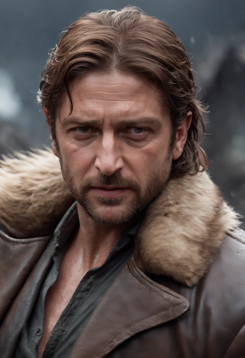 ((Epic Gerard Butler, Rough wet hero, evil look, long hair, short beard and ferocious facial expression in a dynamic pose, Fantastic location, money in the background, inside a big bank, a lot of photographers around him , super detailed,, Majestic, cluttered setting)), Unity full body rendering 8k, combat shot, skin pores, very dark lighting, heavy pour, detailed, detailed face , a pile of money in the background(bright, realistic photography, realistic, dramatic, dark, sharp focus, 8 k), (Old leather clothes, weather damaged:1.4), ((((Wear fur)))), (difficult:1.4), decadent, (Very detailed:1.4), digital painting, rendering by octane number, art stations, conceptual art, smooth, sharp focus, illustration, Art embryo, (loish:0.23)