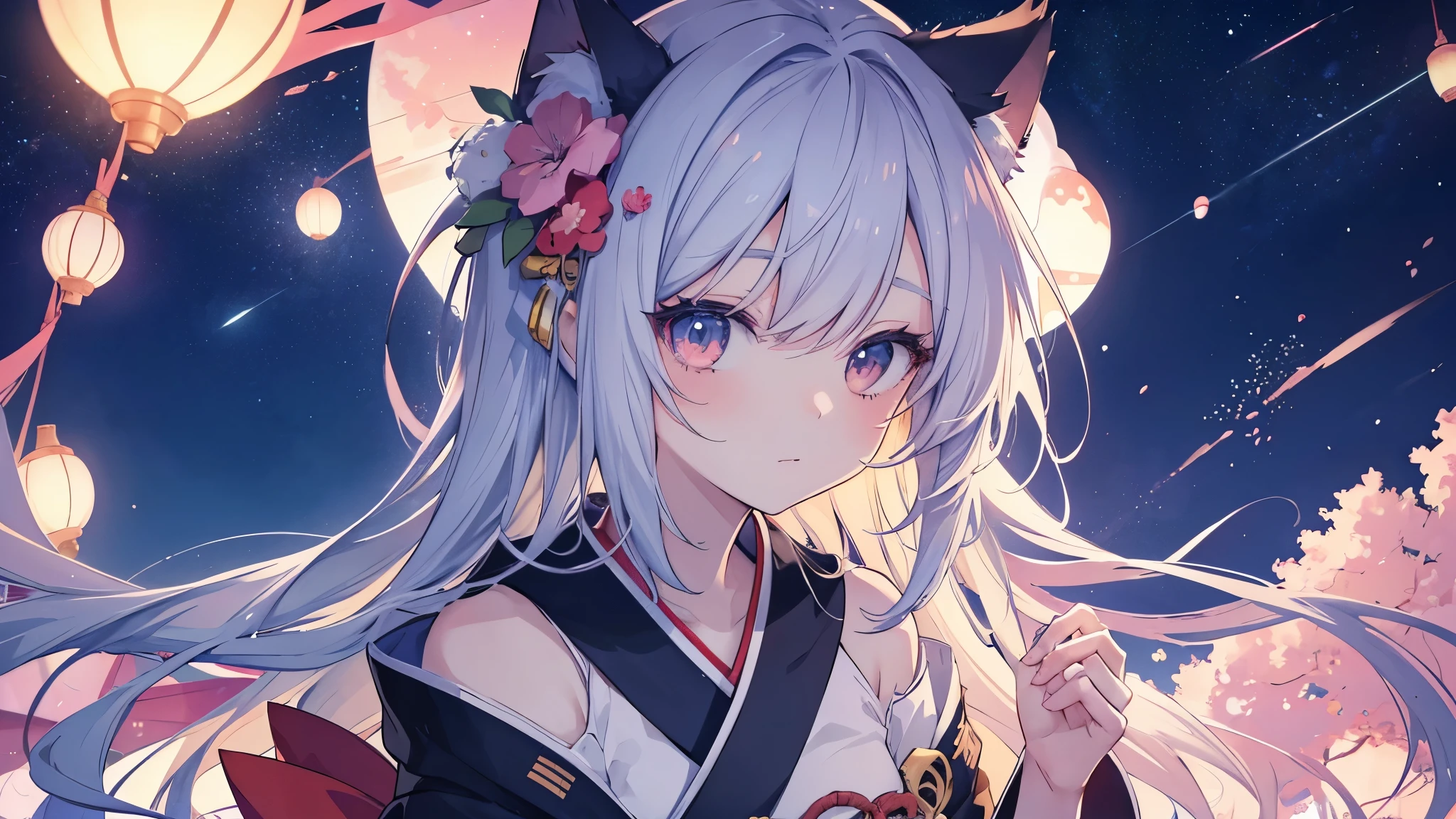Anime cat girl wearing cat ears kimono, Look at your shoulder, Anime drawing by Yang J, Pixiv contest winners, serial art, デジタルanime illustration, kawashi, anime style illustration, anime style 4k, beautiful anime portrait, anime style portrait, anime style artwork, Guweiz style artwork, anime illustration, digital anime art, Detailed digital anime art, beautiful starry sky, ((beautiful night view))