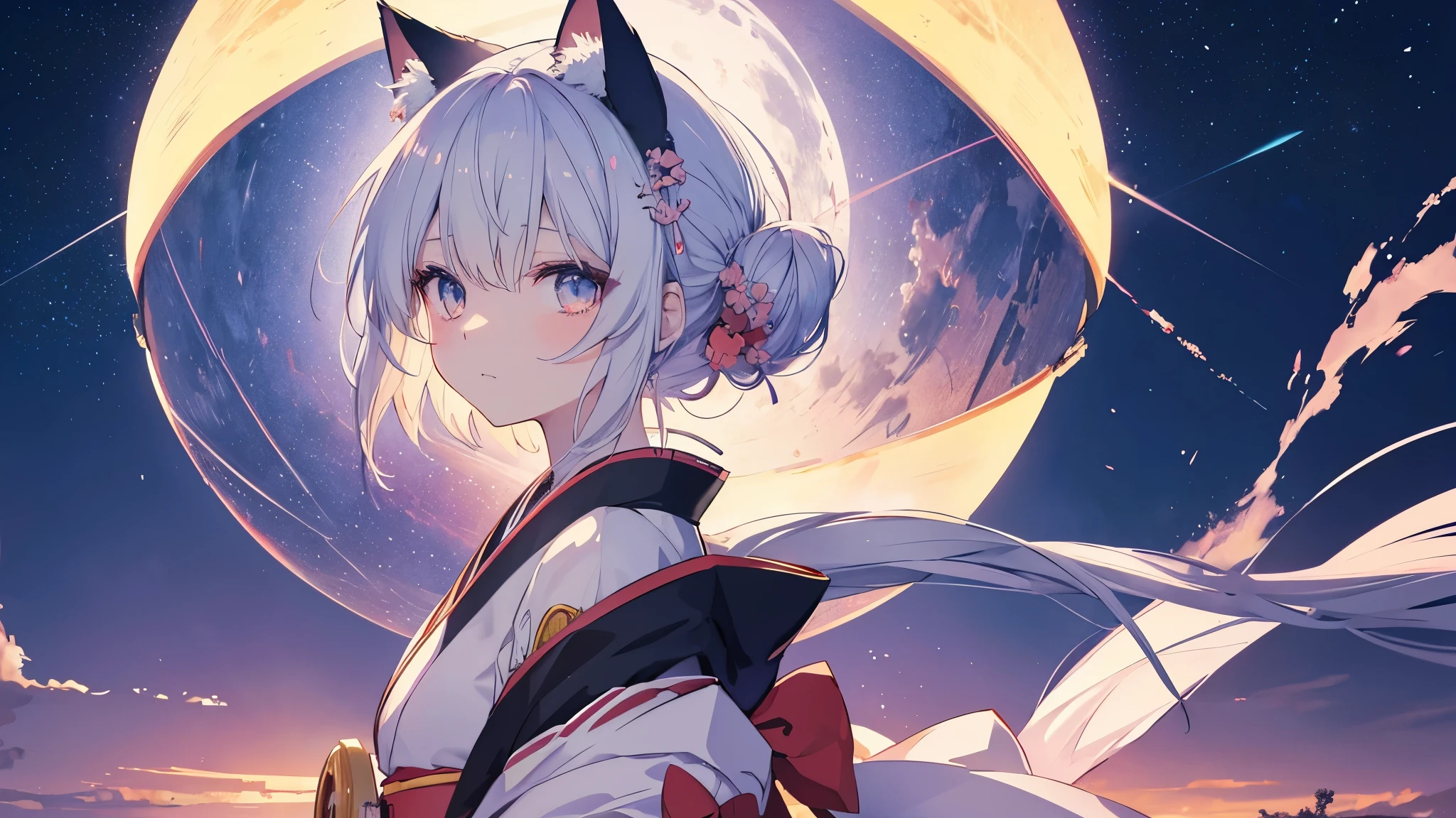 Anime cat girl wearing cat ears kimono, Look at your shoulder, Anime drawing by Yang J, Pixiv contest winners, serial art, デジタルanime illustration, kawashi, anime style illustration, anime style 4k, beautiful anime portrait, anime style portrait, anime style artwork, Guweiz style artwork, anime illustration, digital anime art, Detailed digital anime art, beautiful starry sky, ((beautiful night view))