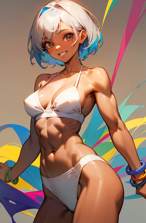 (Best Quality, hight resolution:1.2, Ultra-detailed),Girl with short cut gray hair、She is 20 years old、brown skinned、Wearing a white bikini、slender muscular body、bare-legged、Colorful bracelets、Colorful anklets、Smile cheerfully、Laugh、Dance cheerfully