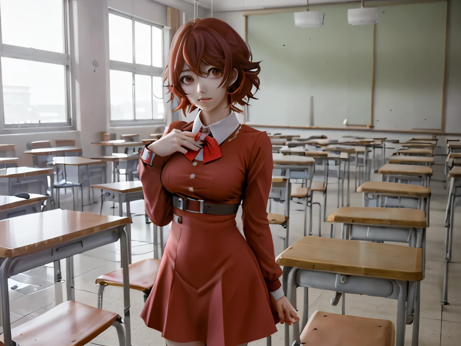 Classroom of the elite anime Kei Karuisawa mujer hermosa, con cara bonita ,con un vestido rojo,  sosteniendo una arma , cabello amarillo 