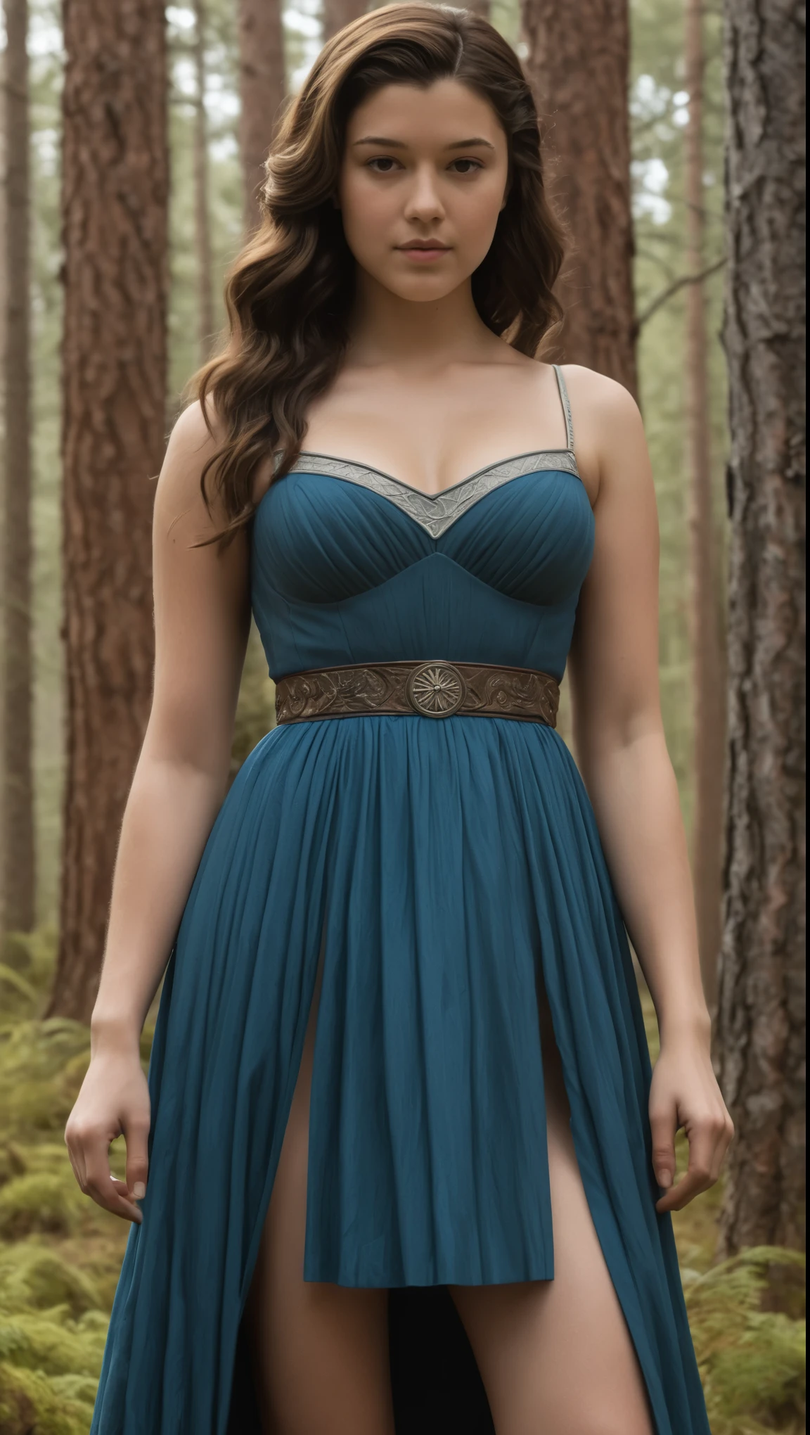 An illustrated movie poster, hand-drawn, full color, a Westerosi girl, wearing a long regal dress, resembles Mary Elizabeth Winstead, sun-tanned complexion, tall, athletic, Amazonian figure, curvy, toned midriff, bottom-heavy, generous hips, massive bubble-butt, ridiculously thick powerful thighs, dark hair, long hair, waist-length hair, posing in a pine forest, hard shadows, graphite shading, stencil marks, airbrushed acrylic paint, masterpiece, in the style of Game of Thrones