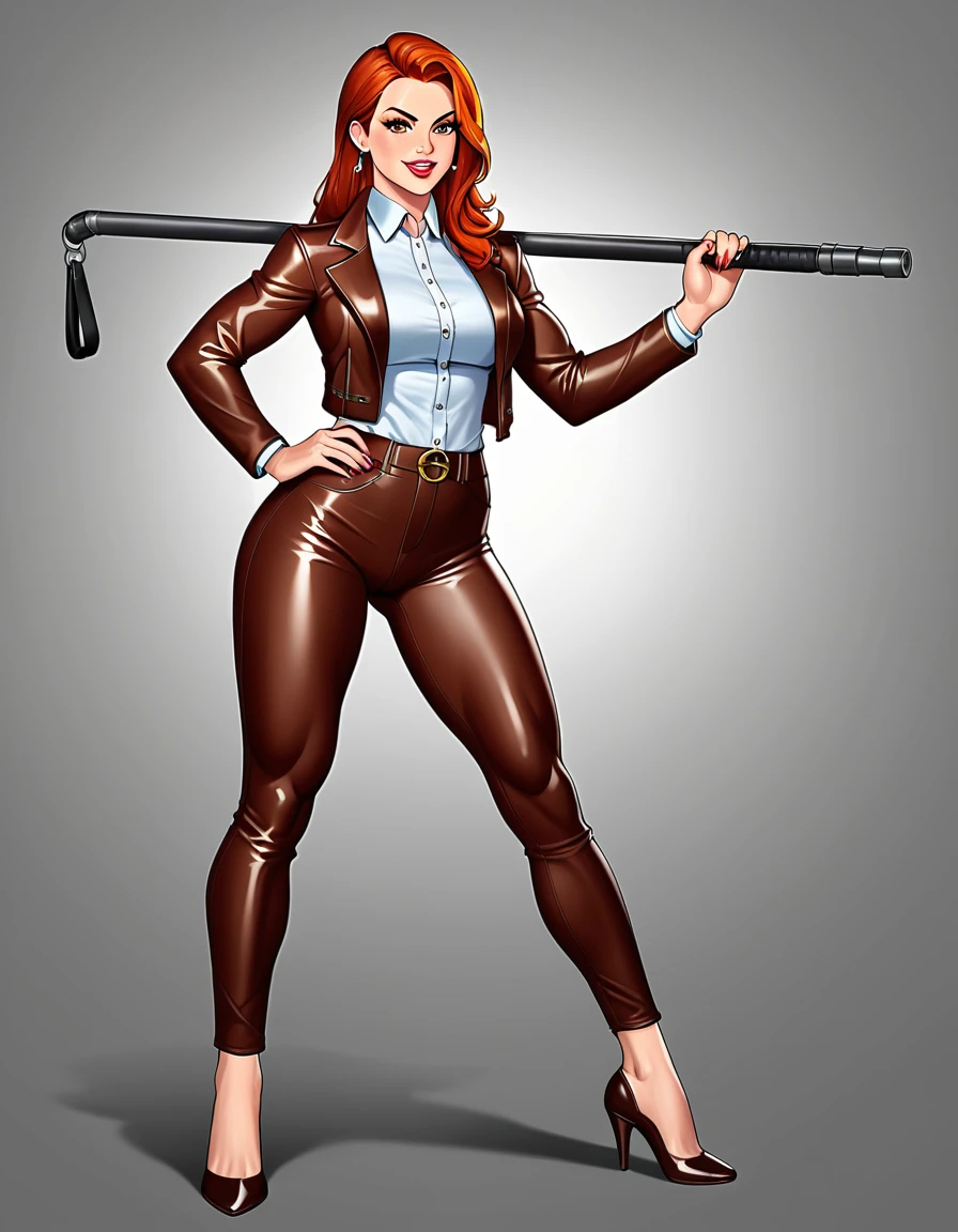 Generates a professional photograph in 8k UHD, full body, of a redhead with light brown eyes, wearing a leather coat and red leather pants, brown leather heels, ultra sharp, she is posing like a diva, black background, she has a intense look