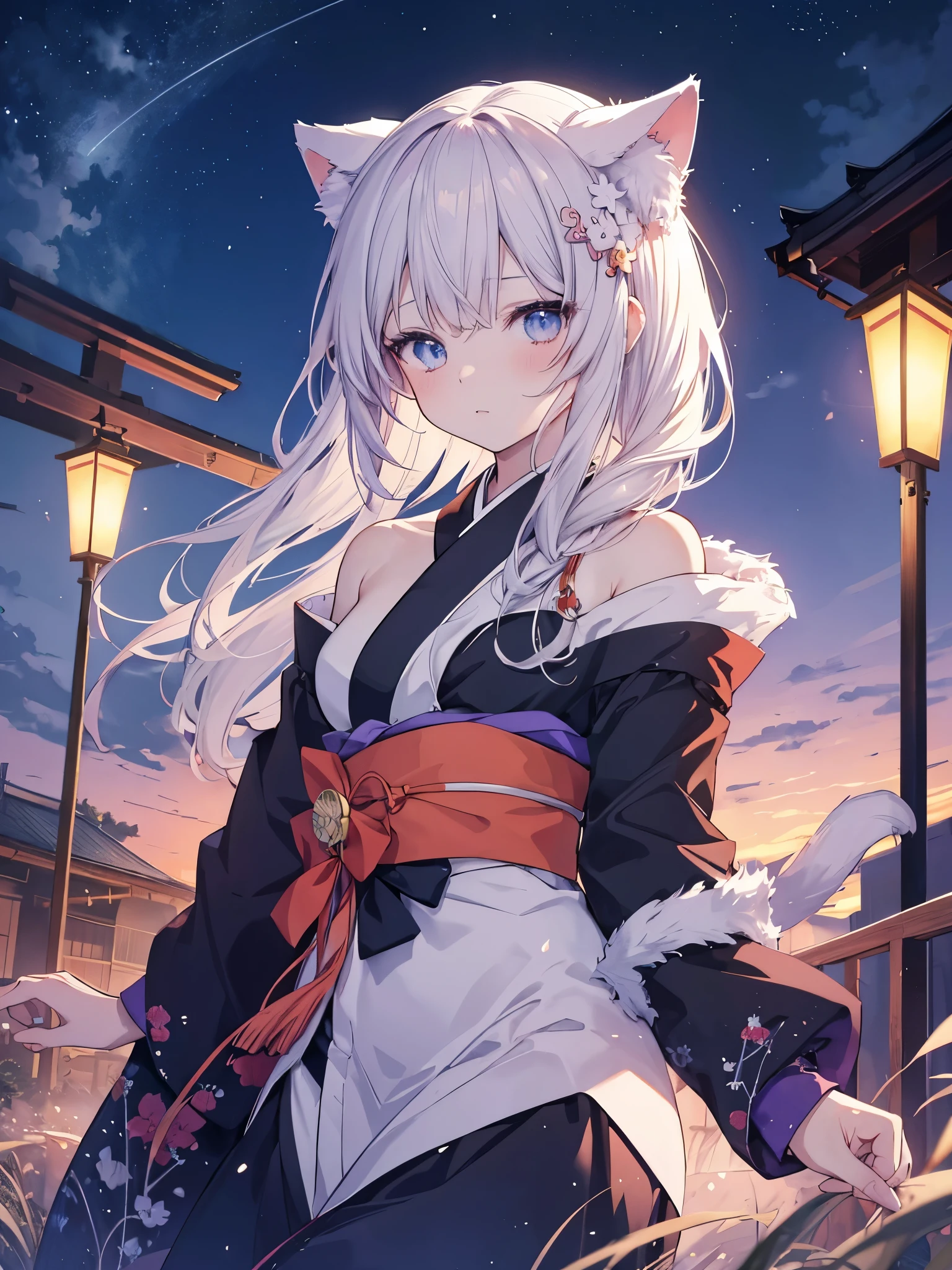 Anime cat girl wearing cat ears kimono, Look at your shoulder, Anime drawing by Yang J, Pixiv contest winners, serial art, デジタルanime illustration, kawashi, anime style illustration, anime style 4k, beautiful anime portrait, anime style portrait, anime style artwork, Guweiz style artwork, anime illustration, digital anime art, Detailed digital anime art, beautiful starry sky, ((beautiful night view))