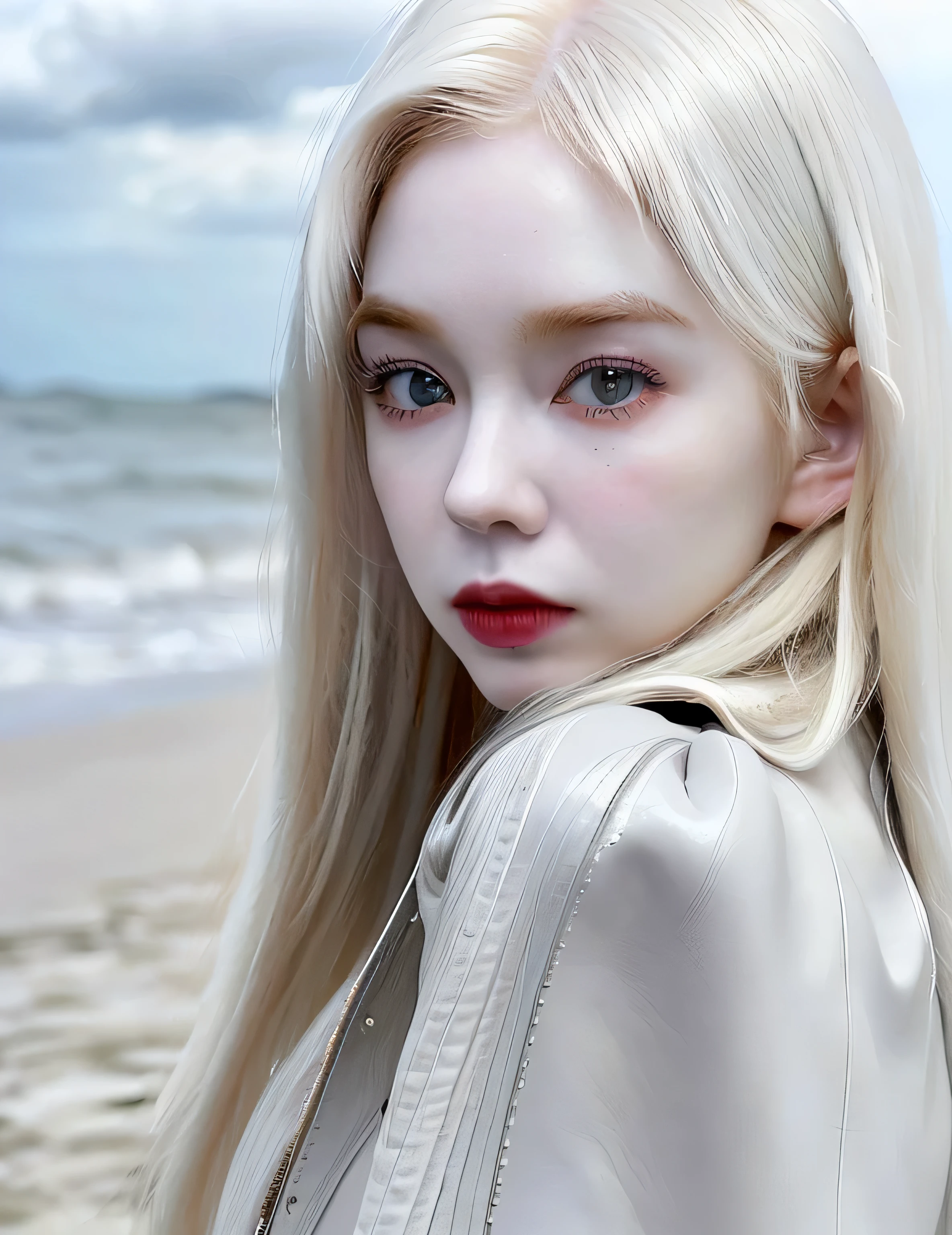 blond woman com longos cabelos brancos and leather jacket posing for a picture, pale gothic beauty, com cabelos longos brancos, com longos cabelos brancos, cabelo loiro extremamente claro, extremely pale white skin, albino white skin pale, very very pale white skin, Irene, garota de cabelos brancos perfeita, cabelo loiro muito claro, very pale white skin, very very very pale white skin, ava max, Bae Irene on a beach with gray cloudy sky, cloudy day, praia cinza, Bae Irene, Red Velvet Irene