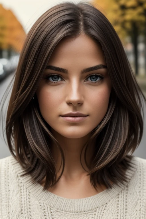 Photographie d&#39;une belle fille, porter un pull d&#39;automne, cheveux longs d&#39;a quote, buste lourd 36DD, Look into the camera, symmetrical eyes, symmetrical face, photorealistic, photographie, Disposition du chemin, specular lighting, Volumetric facial light, chemin des cheveux, Ombres visibles, complexe, elaborate, yeux verts, cheveux courts