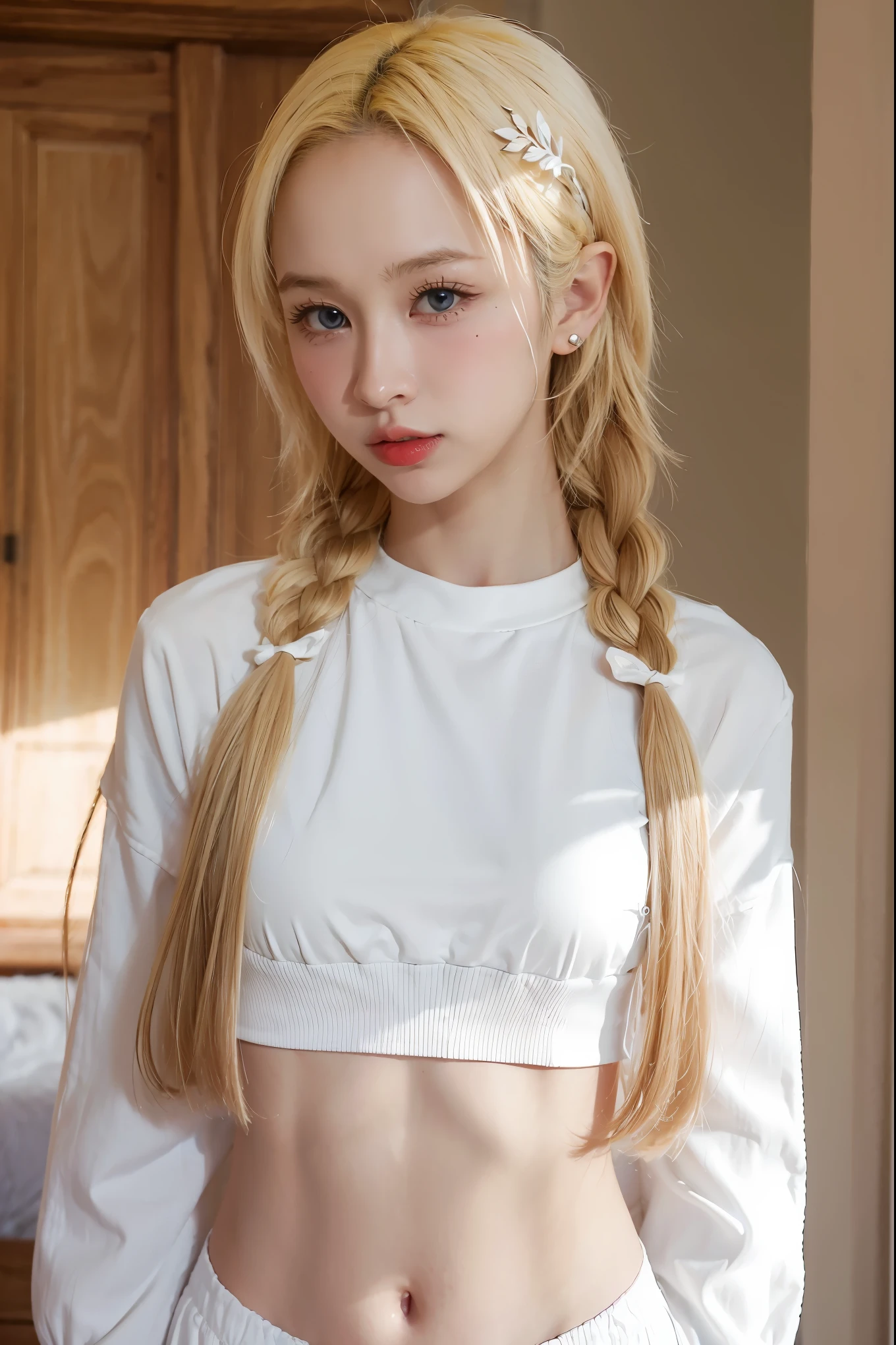 1girl, blonde hair, pointy ears, blue eyes, clothes lift, solo, hair ornament, hairclip, long hair, shirt lift, braid, looking at viewer, lips, lifted by self, horse, upper body, navel, day,white shirt,