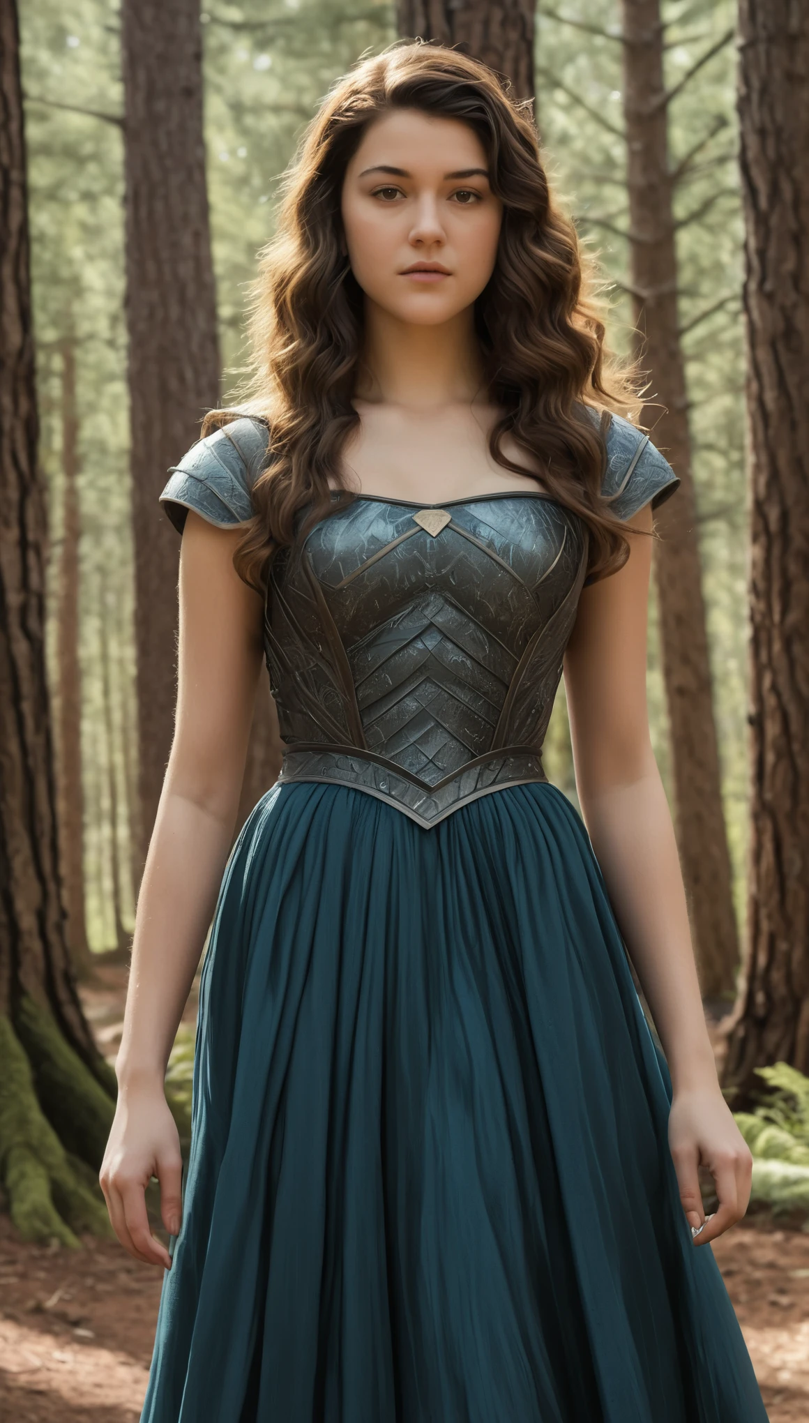 An illustrated movie poster, hand-drawn, full color, a Westerosi  girl, wearing a long regal dress, resembles Mary Elizabeth Winstead, sun-tanned complexion, tall, athletic, Amazonian figure, curvy, toned midriff, bottom-heavy, generous hips, massive bubble-butt, ridiculously thick powerful thighs, dark hair, long hair, waist-length hair, posing in a pine forest, hard shadows, graphite shading, stencil marks, airbrushed acrylic paint, masterpiece, in the style of Game of Thrones 