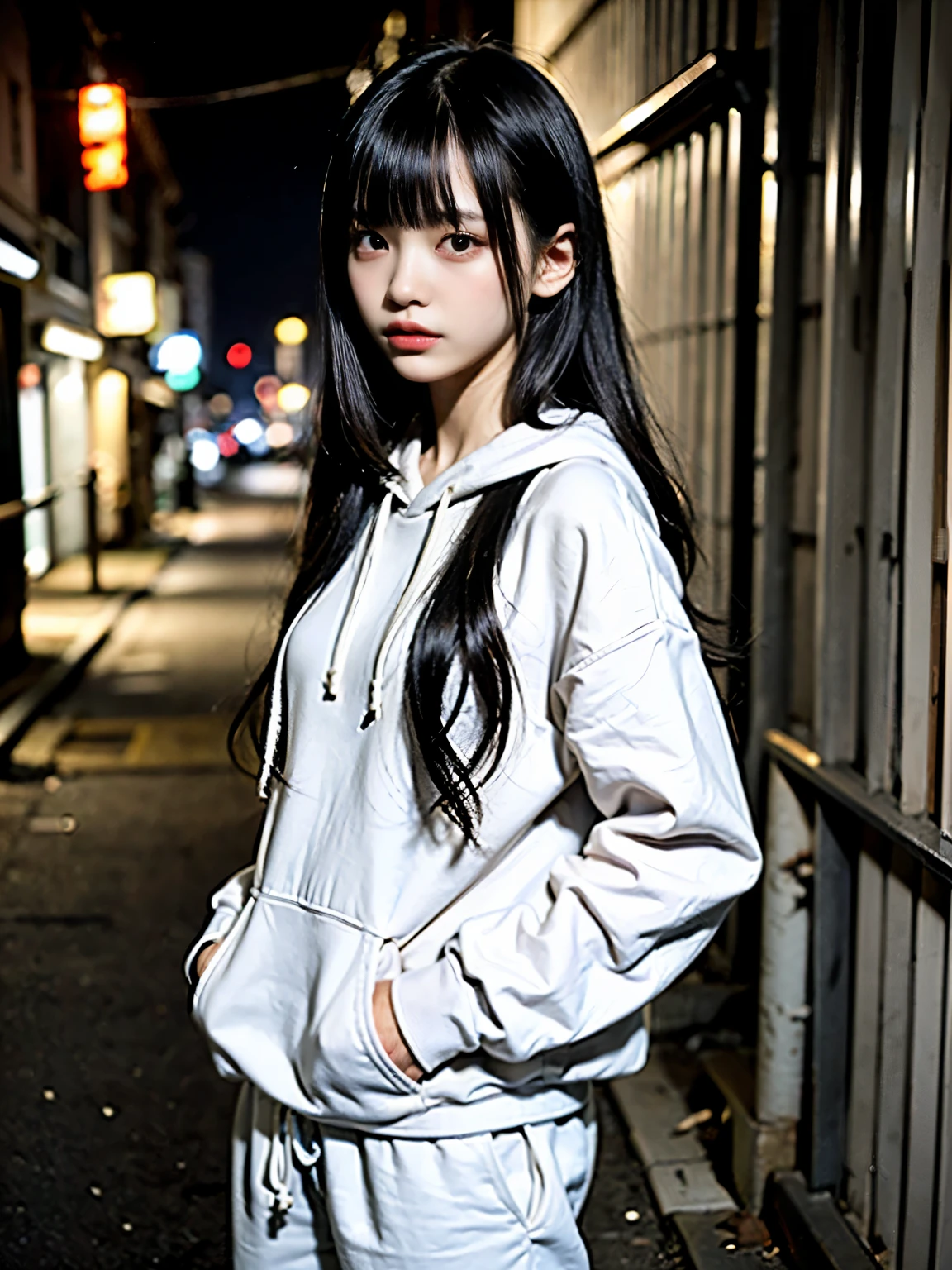 raw photo, 8k, (top-quality), Realistic, (real picture, Intricate details), (natural skin texture, detailed skin, hyper realism, sharpness), (Japanese teenage girl in a dirty back alley at night, lean forward, hands in pocket, graffitied wall:1.3), ((white hoodie on naked, open front zipper, no bra, white jersey pants)), (flat chest, pale skin:1.2, slender body), ((long straight hair, blunt bangs)), (seductive face, provocative look, Parted lips:1.3, eye bag:1.2, red thick lips), midriff, navels, graffiti:1.5, night time, spot lighting:1.3, upper body shot